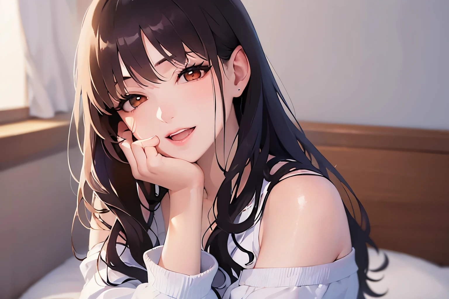Placing hand on face、bedroom,sitting on bed、Upper Body, Realistic, real person, (pale skin: 1.2), RAW photo, photorealistic, portrait photography, shiny skin, shiny hair、(A 25-year-old woman with medium-length hair and bangs) and (wavy hair) and (brown hair) and (orange eyes) and (closed eyes), (White off-shoulder blouse) and (long sleeve), smile, open mouth, Alone