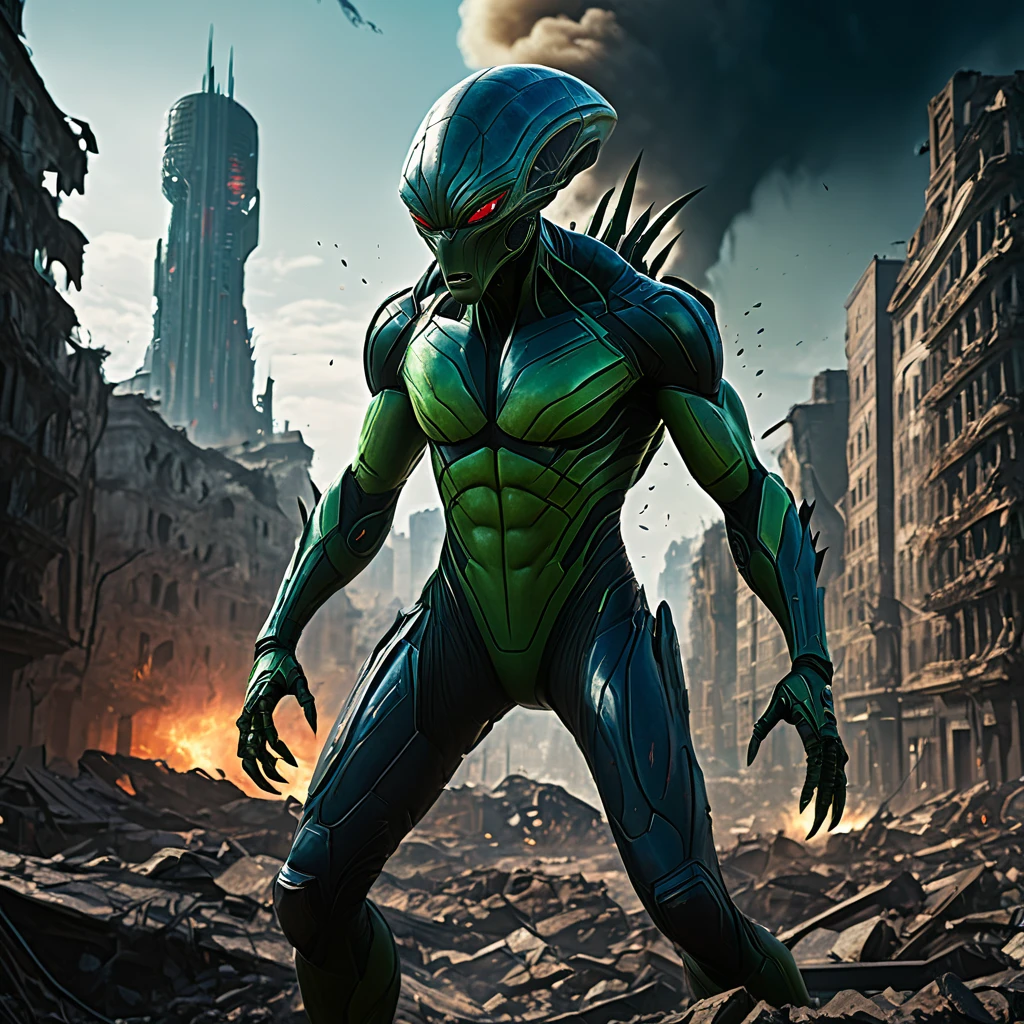 An alien city lies in ruins, Omni Man in torn and ragged uniform, smeared with green blood, angry look on his face, other superheroes battling against monstrous creatures, buildings crumbling and smoke rising in the background, vibrant colors and high contrast, dramatic lighting, surreal and post-apocalyptic atmosphere, dynamic brushstrokes creating a sense of movement and chaos, intricate details capturing the destroyed architecture and alien technology, epic scale with massive structures towering over the scene, cityscape stretching into the horizon, intense emotions and tension depicted through facial expressions and body language, cinematic composition invoking a sense of awe and despair, otherworldly creatures lurking in the shadows, energy bolts and explosions filling the sky, dark and ominous color palette adding to the sense of danger, remnants of civilization hinting at a rich history and advanced society, a sense of both beauty and destruction, evoking a mix of wonder and fear. (best quality, 4k, 8k, highres, masterpiece:1.2), ultra-detailed, (realistic, photorealistic, photo-realistic:1.37), HDR, UHD, studio lighting, ultra-fine painting, sharp focus, physically-based rendering, extreme detail description, professional, vivid colors, bokeh, portraits, concept artists.