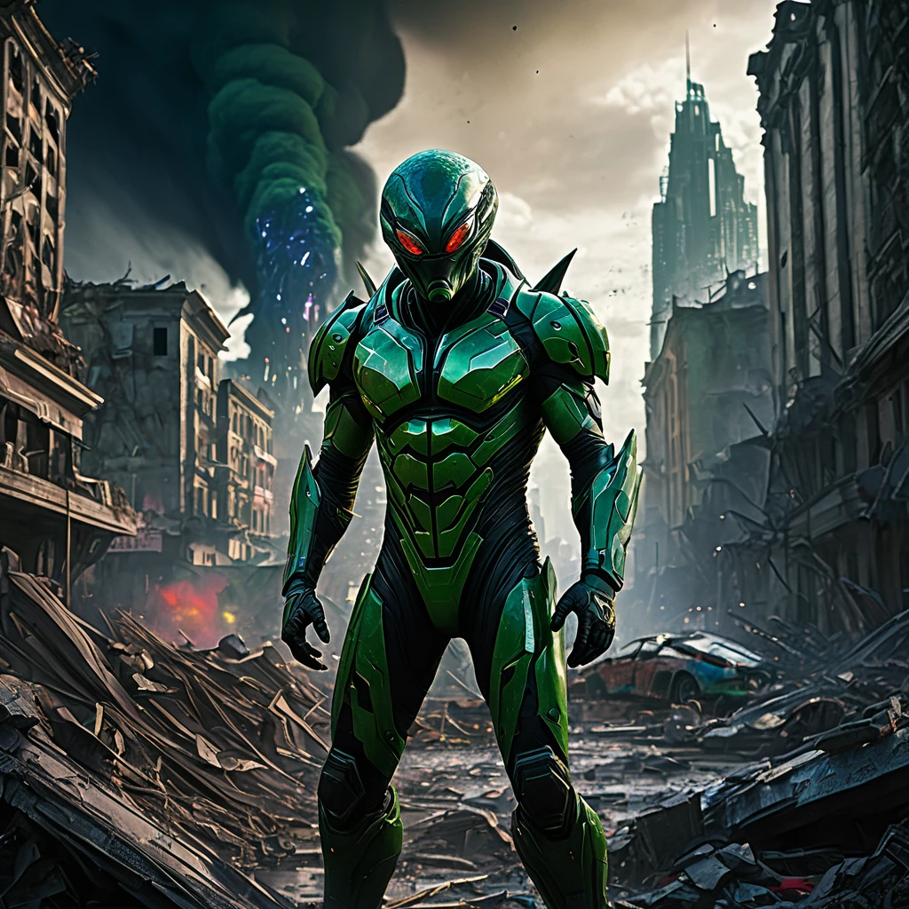 An alien city lies in ruins, Omni Man in torn and ragged uniform, smeared with green blood, angry look on his face, other superheroes battling against monstrous creatures, buildings crumbling and smoke rising in the background, vibrant colors and high contrast, dramatic lighting, surreal and post-apocalyptic atmosphere, dynamic brushstrokes creating a sense of movement and chaos, intricate details capturing the destroyed architecture and alien technology, epic scale with massive structures towering over the scene, cityscape stretching into the horizon, intense emotions and tension depicted through facial expressions and body language, cinematic composition invoking a sense of awe and despair, otherworldly creatures lurking in the shadows, energy bolts and explosions filling the sky, dark and ominous color palette adding to the sense of danger, remnants of civilization hinting at a rich history and advanced society, a sense of both beauty and destruction, evoking a mix of wonder and fear. (best quality, 4k, 8k, highres, masterpiece:1.2), ultra-detailed, (realistic, photorealistic, photo-realistic:1.37), HDR, UHD, studio lighting, ultra-fine painting, sharp focus, physically-based rendering, extreme detail description, professional, vivid colors, bokeh, portraits, concept artists.