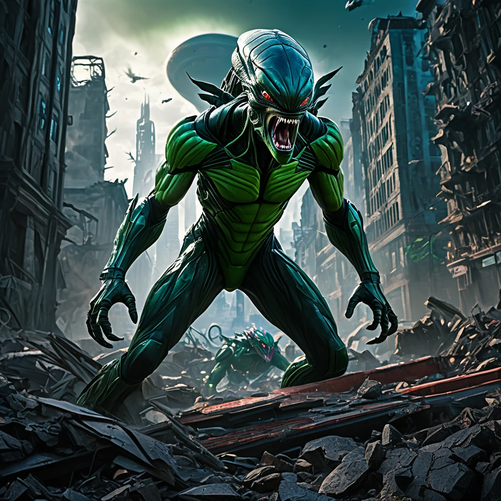 An alien city lies in ruins, Omni Man in torn and ragged uniform, smeared with green blood, angry look on his face, other superheroes battling against monstrous creatures, buildings crumbling and smoke rising in the background, vibrant colors and high contrast, dramatic lighting, surreal and post-apocalyptic atmosphere, dynamic brushstrokes creating a sense of movement and chaos, intricate details capturing the destroyed architecture and alien technology, epic scale with massive structures towering over the scene, cityscape stretching into the horizon, intense emotions and tension depicted through facial expressions and body language, cinematic composition invoking a sense of awe and despair, otherworldly creatures lurking in the shadows, energy bolts and explosions filling the sky, dark and ominous color palette adding to the sense of danger, remnants of civilization hinting at a rich history and advanced society, a sense of both beauty and destruction, evoking a mix of wonder and fear. (best quality, 4k, 8k, highres, masterpiece:1.2), ultra-detailed, (realistic, photorealistic, photo-realistic:1.37), HDR, UHD, studio lighting, ultra-fine painting, sharp focus, physically-based rendering, extreme detail description, professional, vivid colors, bokeh, portraits, concept artists.
