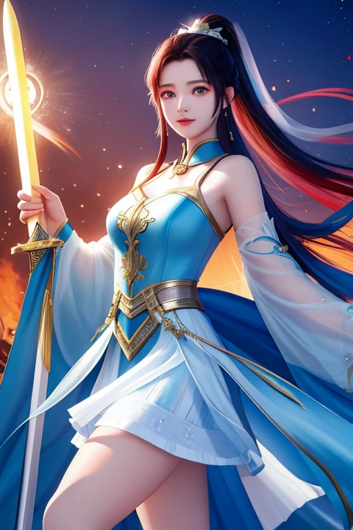 Marz，The sky is splitting，A sea of fire，18-year-old girl holds a 1-meter white sword，The sword body emitted a faint blue sword qi，The sword points to the sky，Curvy beauty，high ponytail，Wearing a white tulle suspender，There was a lot of blood on the clothes，The ground was covered in blood