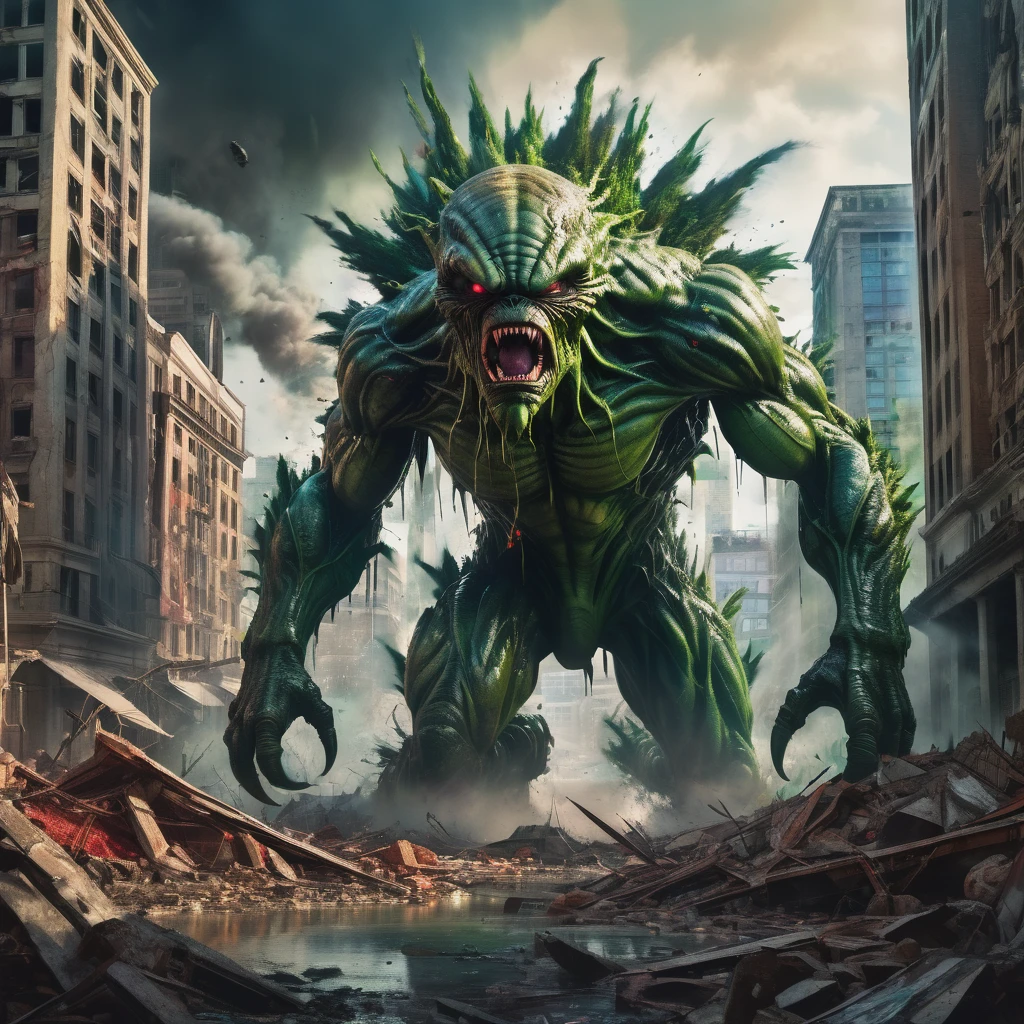 An alien city lies in ruins, Omni Man in torn and ragged uniform, smeared with green blood, angry look on his face, other superheroes battling against monstrous creatures, buildings crumbling and smoke rising in the background, vibrant colors and high contrast, dramatic lighting, surreal and post-apocalyptic atmosphere, dynamic brushstrokes creating a sense of movement and chaos, intricate details capturing the destroyed architecture and alien technology, epic scale with massive structures towering over the scene, cityscape stretching into the horizon, intense emotions and tension depicted through facial expressions and body language, cinematic composition invoking a sense of awe and despair, otherworldly creatures lurking in the shadows, energy bolts and explosions filling the sky, dark and ominous color palette adding to the sense of danger, remnants of civilization hinting at a rich history and advanced society, a sense of both beauty and destruction, evoking a mix of wonder and fear. (best quality, 4k, 8k, highres, masterpiece:1.2), ultra-detailed, (realistic, photorealistic, photo-realistic:1.37), HDR, UHD, studio lighting, ultra-fine painting, sharp focus, physically-based rendering, extreme detail description, professional, vivid colors, bokeh, portraits, concept artists.