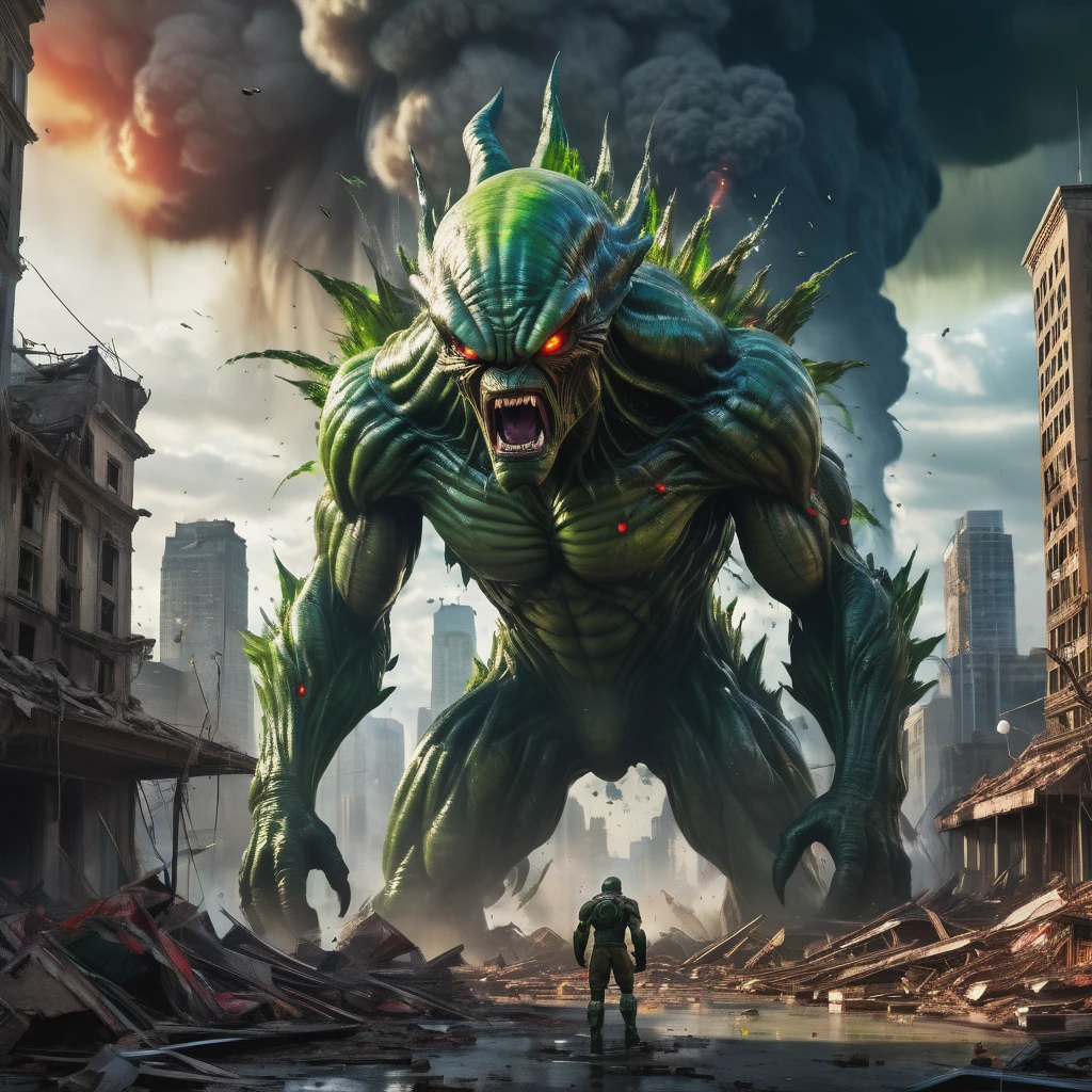 An alien city lies in ruins, Omni Man in torn and ragged uniform, smeared with green blood, angry look on his face, other superheroes battling against monstrous creatures, buildings crumbling and smoke rising in the background, vibrant colors and high contrast, dramatic lighting, surreal and post-apocalyptic atmosphere, dynamic brushstrokes creating a sense of movement and chaos, intricate details capturing the destroyed architecture and alien technology, epic scale with massive structures towering over the scene, cityscape stretching into the horizon, intense emotions and tension depicted through facial expressions and body language, cinematic composition invoking a sense of awe and despair, otherworldly creatures lurking in the shadows, energy bolts and explosions filling the sky, dark and ominous color palette adding to the sense of danger, remnants of civilization hinting at a rich history and advanced society, a sense of both beauty and destruction, evoking a mix of wonder and fear. (best quality, 4k, 8k, highres, masterpiece:1.2), ultra-detailed, (realistic, photorealistic, photo-realistic:1.37), HDR, UHD, studio lighting, ultra-fine painting, sharp focus, physically-based rendering, extreme detail description, professional, vivid colors, bokeh, portraits, concept artists.