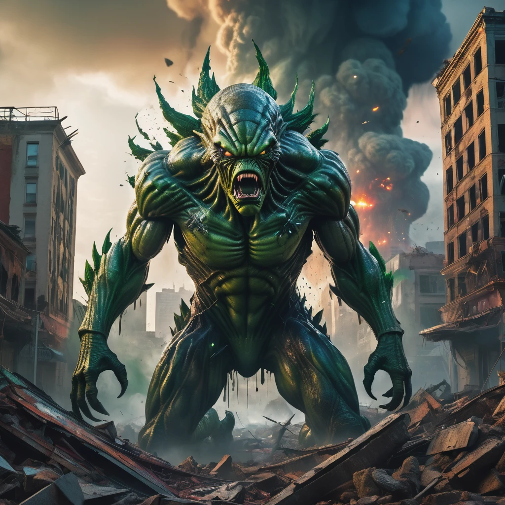 An alien city lies in ruins, Omni Man in torn and ragged uniform, smeared with green blood, angry look on his face, other superheroes battling against monstrous creatures, buildings crumbling and smoke rising in the background, vibrant colors and high contrast, dramatic lighting, surreal and post-apocalyptic atmosphere, dynamic brushstrokes creating a sense of movement and chaos, intricate details capturing the destroyed architecture and alien technology, epic scale with massive structures towering over the scene, cityscape stretching into the horizon, intense emotions and tension depicted through facial expressions and body language, cinematic composition invoking a sense of awe and despair, otherworldly creatures lurking in the shadows, energy bolts and explosions filling the sky, dark and ominous color palette adding to the sense of danger, remnants of civilization hinting at a rich history and advanced society, a sense of both beauty and destruction, evoking a mix of wonder and fear. (best quality, 4k, 8k, highres, masterpiece:1.2), ultra-detailed, (realistic, photorealistic, photo-realistic:1.37), HDR, UHD, studio lighting, ultra-fine painting, sharp focus, physically-based rendering, extreme detail description, professional, vivid colors, bokeh, portraits, concept artists.