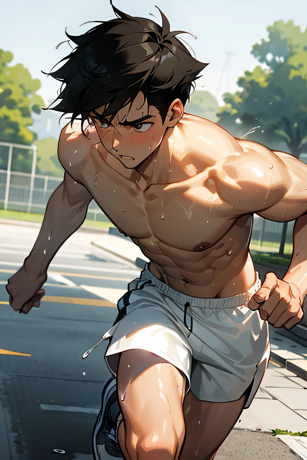 shirtless handsome manly short black hair caucasian male in white shorts, running shoes, sweat-drenched, soaking wet, drenched with sweat, sweating profusely, soaking wet with sweat, running in the park