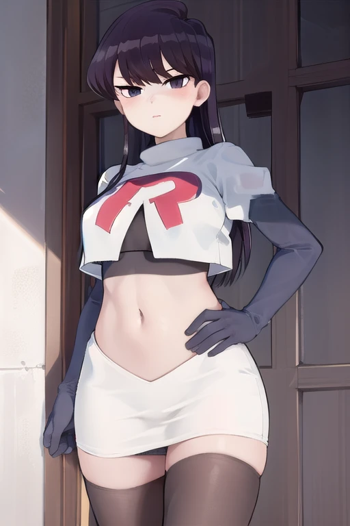 masterpiece, best quality, 1girl, solo, komi-san wa komyushou desu, looking at viewer, team rocket,team rocket uniform,white skirt,red letter R,crop top,black thigh-highs, cowboy shot 