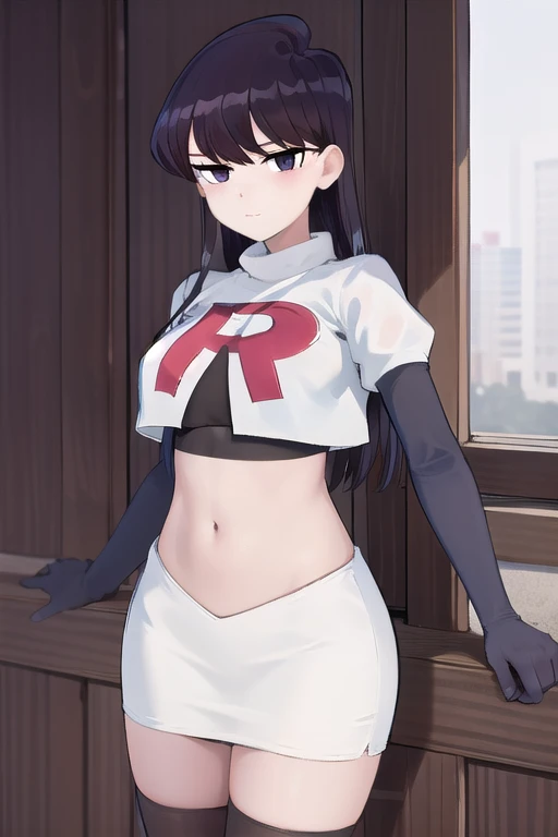 masterpiece, best quality, 1girl, solo, komi-san wa komyushou desu, looking at viewer, team rocket,team rocket uniform,white skirt,red letter R,crop top,black thigh-highs, cowboy shot