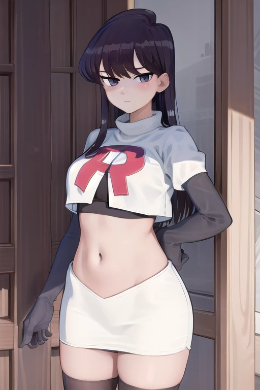 masterpiece, best quality, 1girl, solo, komi-san wa komyushou desu, looking at viewer, team rocket,team rocket uniform,white skirt,red letter R,crop top,black thigh-highs, cowboy shot 