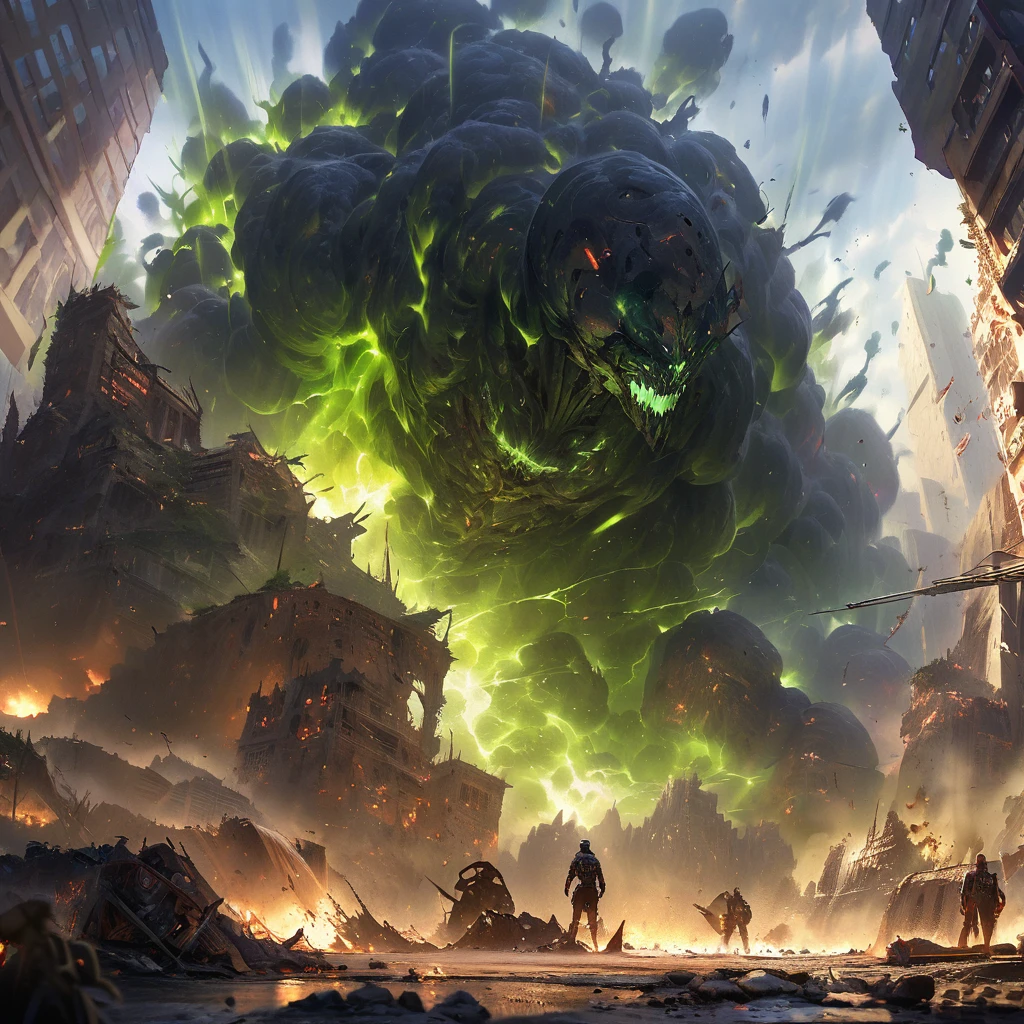 An alien city lies in ruins, Omni Man in torn and ragged uniform, smeared with green blood, angry look on his face, other superheroes battling against monstrous creatures, buildings crumbling and smoke rising in the background, vibrant colors and high contrast, dramatic lighting, surreal and post-apocalyptic atmosphere, dynamic brushstrokes creating a sense of movement and chaos, intricate details capturing the destroyed architecture and alien technology, epic scale with massive structures towering over the scene, cityscape stretching into the horizon, intense emotions and tension depicted through facial expressions and body language, cinematic composition invoking a sense of awe and despair, otherworldly creatures lurking in the shadows, energy bolts and explosions filling the sky, dark and ominous color palette adding to the sense of danger, remnants of civilization hinting at a rich history and advanced society, a sense of both beauty and destruction, evoking a mix of wonder and fear. (best quality, 4k, 8k, highres, masterpiece:1.2), ultra-detailed, (realistic, photorealistic, photo-realistic:1.37), HDR, UHD, studio lighting, ultra-fine painting, sharp focus, physically-based rendering, extreme detail description, professional, vivid colors, bokeh, portraits, concept artists.