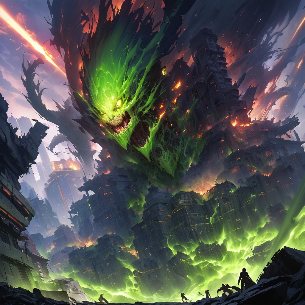 An alien city lies in ruins, Omni Man in torn and ragged uniform, smeared with green blood, angry look on his face, other superheroes battling against monstrous creatures, buildings crumbling and smoke rising in the background, vibrant colors and high contrast, dramatic lighting, surreal and post-apocalyptic atmosphere, dynamic brushstrokes creating a sense of movement and chaos, intricate details capturing the destroyed architecture and alien technology, epic scale with massive structures towering over the scene, cityscape stretching into the horizon, intense emotions and tension depicted through facial expressions and body language, cinematic composition invoking a sense of awe and despair, otherworldly creatures lurking in the shadows, energy bolts and explosions filling the sky, dark and ominous color palette adding to the sense of danger, remnants of civilization hinting at a rich history and advanced society, a sense of both beauty and destruction, evoking a mix of wonder and fear. (best quality, 4k, 8k, highres, masterpiece:1.2), ultra-detailed, (realistic, photorealistic, photo-realistic:1.37), HDR, UHD, studio lighting, ultra-fine painting, sharp focus, physically-based rendering, extreme detail description, professional, vivid colors, bokeh, portraits, concept artists.