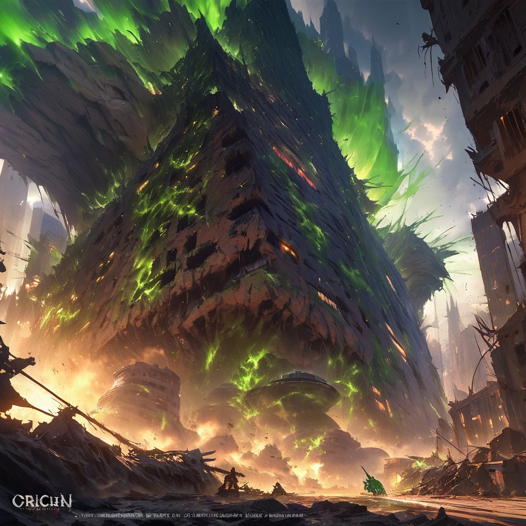 An alien city lies in ruins, Omni Man in torn and ragged uniform, smeared with green blood, angry look on his face, other superheroes battling against monstrous creatures, buildings crumbling and smoke rising in the background, vibrant colors and high contrast, dramatic lighting, surreal and post-apocalyptic atmosphere, dynamic brushstrokes creating a sense of movement and chaos, intricate details capturing the destroyed architecture and alien technology, epic scale with massive structures towering over the scene, cityscape stretching into the horizon, intense emotions and tension depicted through facial expressions and body language, cinematic composition invoking a sense of awe and despair, otherworldly creatures lurking in the shadows, energy bolts and explosions filling the sky, dark and ominous color palette adding to the sense of danger, remnants of civilization hinting at a rich history and advanced society, a sense of both beauty and destruction, evoking a mix of wonder and fear. (best quality, 4k, 8k, highres, masterpiece:1.2), ultra-detailed, (realistic, photorealistic, photo-realistic:1.37), HDR, UHD, studio lighting, ultra-fine painting, sharp focus, physically-based rendering, extreme detail description, professional, vivid colors, bokeh, portraits, concept artists.