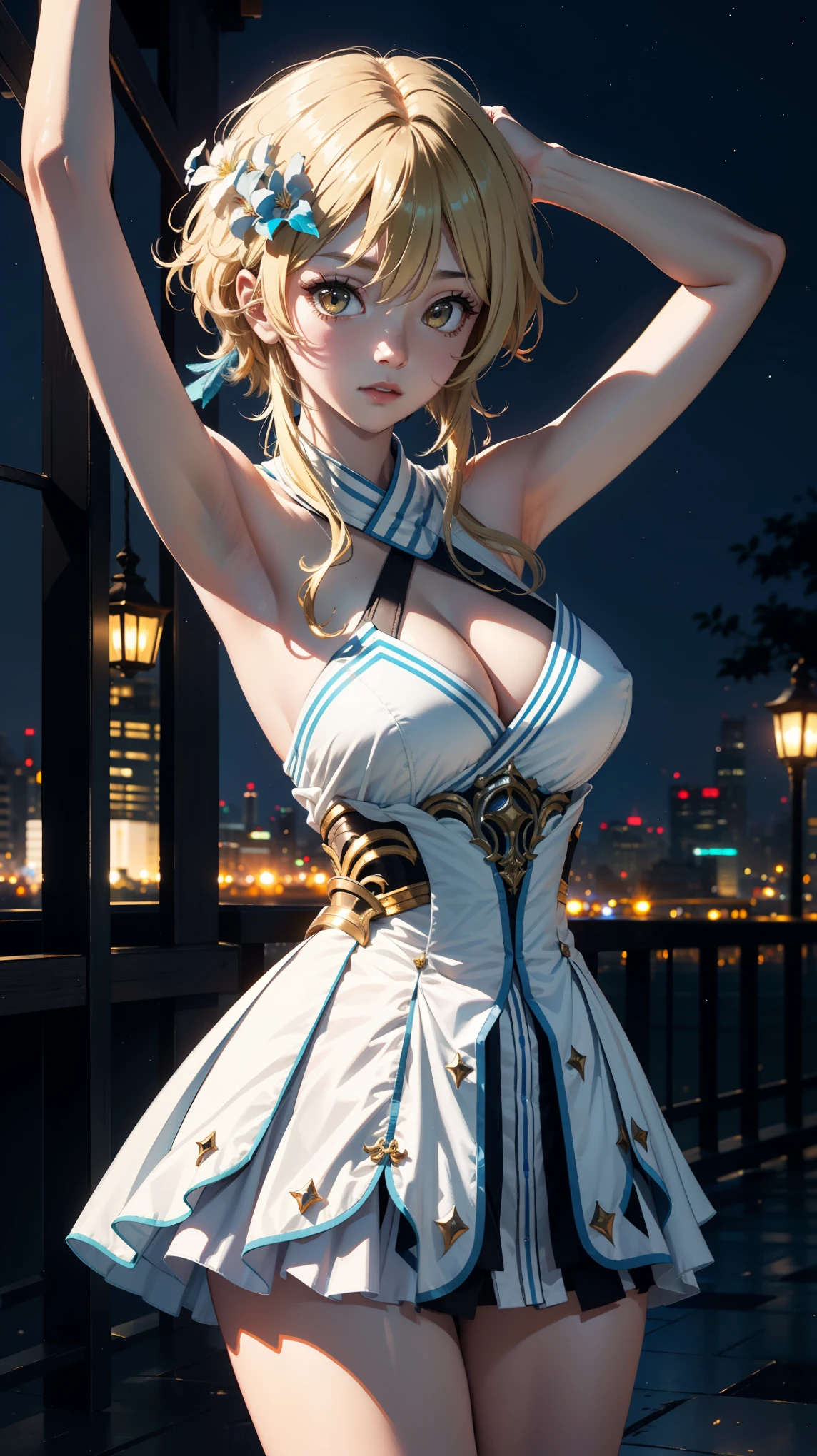 Masterpiece, ultra detail, high quality, 8k, luminedef, night, bright eyes, detail face, dynamic poses, looking at viewer, large breast, night city view, standing, upper body, armpit poses