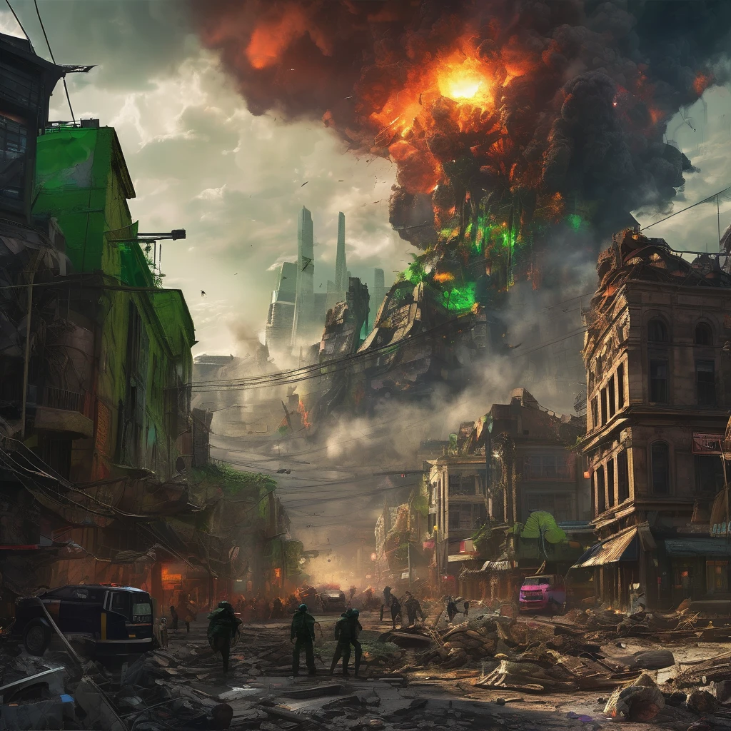 An alien city lies in ruins, Omni Man in torn and ragged uniform, smeared with green blood, angry look on his face, other superheroes battling against monstrous creatures, buildings crumbling and smoke rising in the background, vibrant colors and high contrast, dramatic lighting, surreal and post-apocalyptic atmosphere, dynamic brushstrokes creating a sense of movement and chaos, intricate details capturing the destroyed architecture and alien technology, epic scale with massive structures towering over the scene, cityscape stretching into the horizon, intense emotions and tension depicted through facial expressions and body language, cinematic composition invoking a sense of awe and despair, otherworldly creatures lurking in the shadows, energy bolts and explosions filling the sky, dark and ominous color palette adding to the sense of danger, remnants of civilization hinting at a rich history and advanced society, a sense of both beauty and destruction, evoking a mix of wonder and fear. (best quality, 4k, 8k, highres, masterpiece:1.2), ultra-detailed, (realistic, photorealistic, photo-realistic:1.37), HDR, UHD, studio lighting, ultra-fine painting, sharp focus, physically-based rendering, extreme detail description, professional, vivid colors, bokeh, portraits, concept artists.