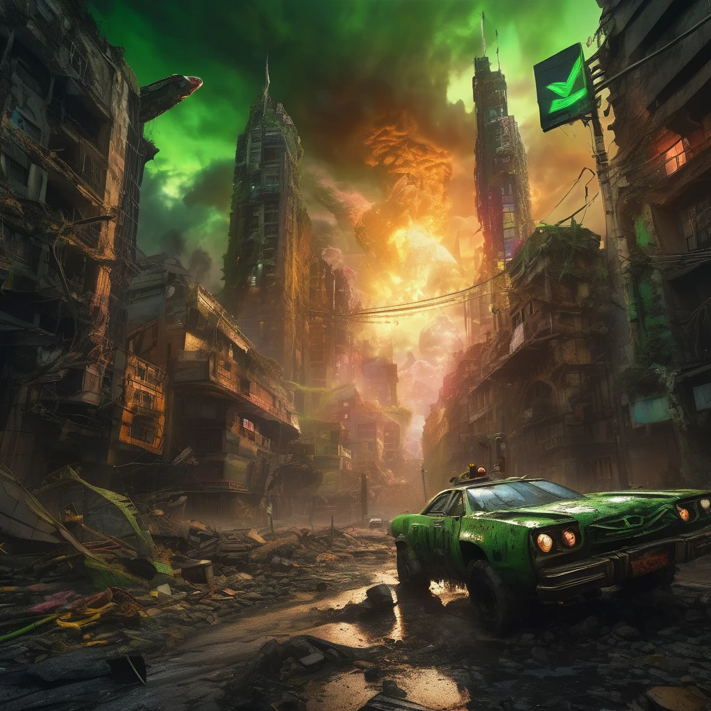An alien city lies in ruins, Omni Man in torn and ragged uniform, smeared with green blood, angry look on his face, other superheroes battling against monstrous creatures, buildings crumbling and smoke rising in the background, vibrant colors and high contrast, dramatic lighting, surreal and post-apocalyptic atmosphere, dynamic brushstrokes creating a sense of movement and chaos, intricate details capturing the destroyed architecture and alien technology, epic scale with massive structures towering over the scene, cityscape stretching into the horizon, intense emotions and tension depicted through facial expressions and body language, cinematic composition invoking a sense of awe and despair, otherworldly creatures lurking in the shadows, energy bolts and explosions filling the sky, dark and ominous color palette adding to the sense of danger, remnants of civilization hinting at a rich history and advanced society, a sense of both beauty and destruction, evoking a mix of wonder and fear. (best quality, 4k, 8k, highres, masterpiece:1.2), ultra-detailed, (realistic, photorealistic, photo-realistic:1.37), HDR, UHD, studio lighting, ultra-fine painting, sharp focus, physically-based rendering, extreme detail description, professional, vivid colors, bokeh, portraits, concept artists.