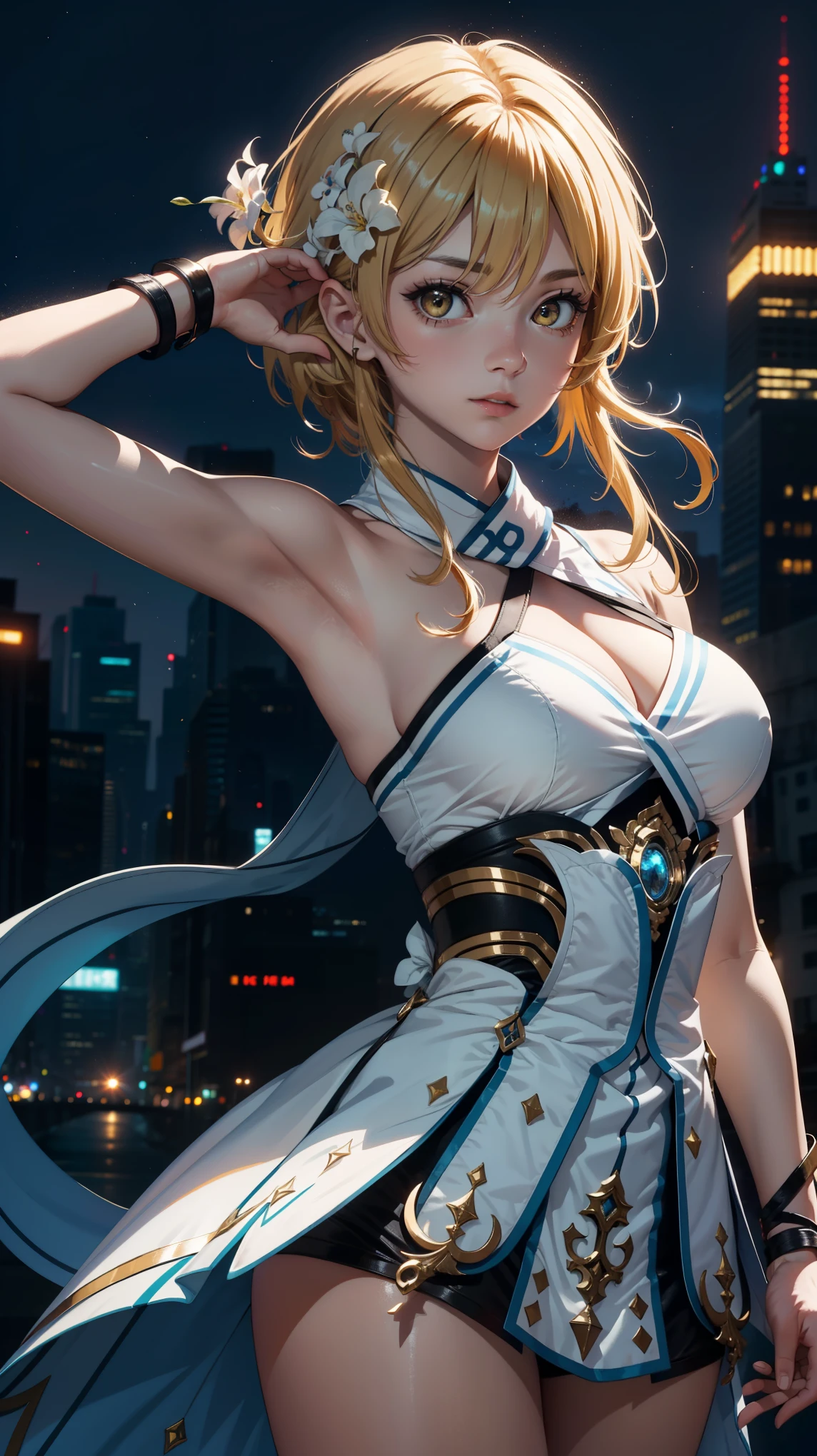 Masterpiece, ultra detail, high quality, 8k, luminedef, night, bright eyes, detail face, dynamic poses, looking at viewer, large breast, night city view, standing, upper body, armpit poses