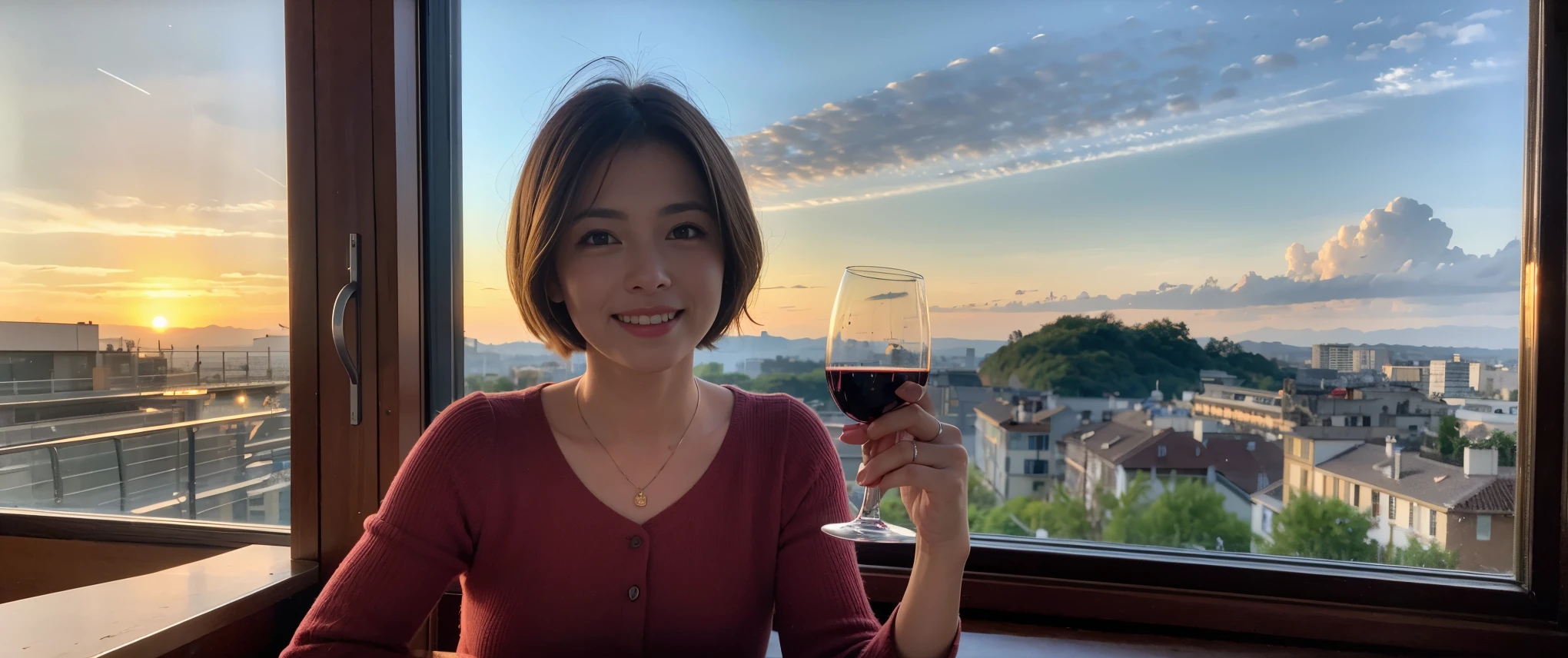 ((highest quality、8k、masterpiece:1.3))、Sharp focus:1.2、Beautiful woman perfect body:1.4、slimなボディ、((Bob Hale、Straight hair:1.2))、(to be born, highest quality, masterpiece:1.5), (Realistic, Intricate details:1.2), Ultra-high resolution, Spectacular view of the sunset sky and clouds、Amazing mountain views、ニコニコ明るいsmile、wine glass、red wine 、Appetizer、Italian food、Wine bottle、Champagne、sparkling wine、, Beautiful Face, blue eyes, The light shines on your face, Blushing, short hair,Bright Face、Fox face、 (36 years old), 39 years old, Lady、Two beauties、brown hair、Shortcuts、Long sleeve shirt、dress、Pretty Woman 1, (slimな顔), (The body is slim), (brown hair), (Shortcuts), cheeks turn a little red,Attractive beauty、, Out of the window, A beautiful and detailed night view unfolds.........., restaurant, In a prominent place (From the waist up) Nova Frog Style, actress, model, Upper Body, White wine, slim, wine glass, 真ん中に置かれたwine glass, smile, (smile: 1.15), Beautiful fine grain, Depth f/2,saturation, High Contrast, Strong light and shadow,Moist Body:1.5、3D texture、Delicate eyes、brown hair、The hair is very shiny、