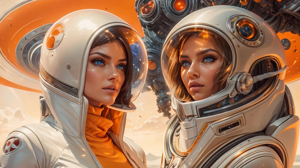 arafed image of a white woman in a futuristic suit with a spaceship in the background, movie art, in front of an orange background, inspired by Robert McGinnis, female protagonist, megastructure in the background, portrait of an ai astronaut, astronauts, an astronaut, portrait of a astronaut skeletor, perfect android girl, detailed eyes, perfectly detailed teeth, frank franzzeta and sakimichan