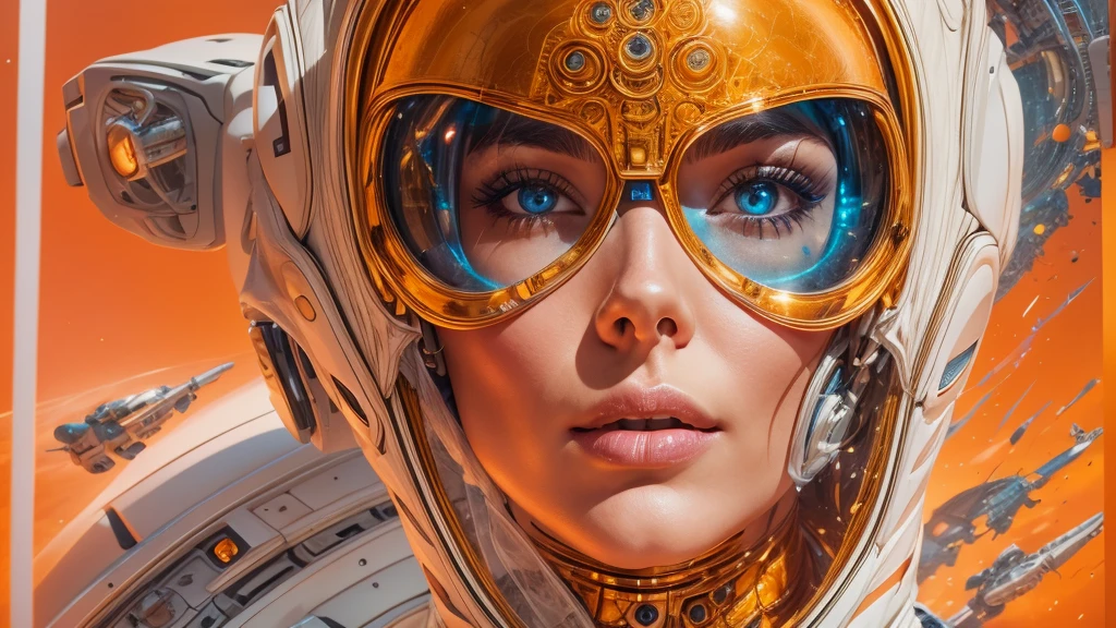 arafed image of a white woman in a futuristic suit with a spaceship in the background, movie art, in front of an orange background, inspired by Robert McGinnis, female protagonist, megastructure in the background, portrait of an ai astronaut, astronauts, an astronaut, portrait of a astronaut skeletor, perfect android girl, detailed eyes, perfectly detailed teeth, frank franzzeta and sakimichan  