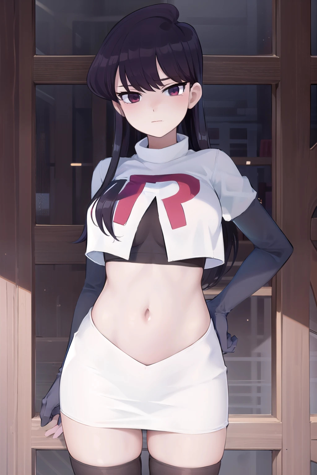 masterpiece, best quality, 1girl, solo, komi-san wa komyushou desu, looking at viewer, team rocket,team rocket uniform,white skirt,red letter R,crop top,black thigh-highs, cowboy shot 