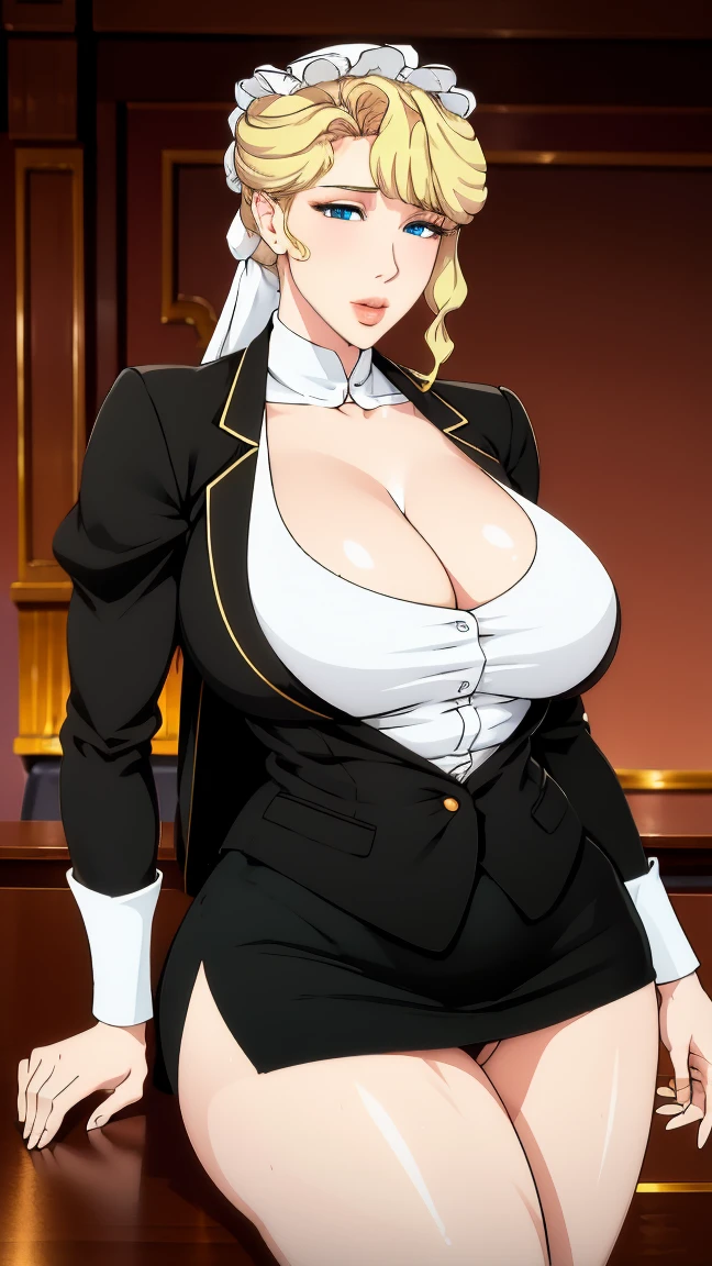 ((best quality)), ((On the table)), (detailed), (emphasize), Perfect face　Young girl&#39;s face detail showing cleavage、Red eyes and long, Thick, smooth, Nice blonde，Bangs、Monochrome background、Wear it standing with a blazer and miniskirt、