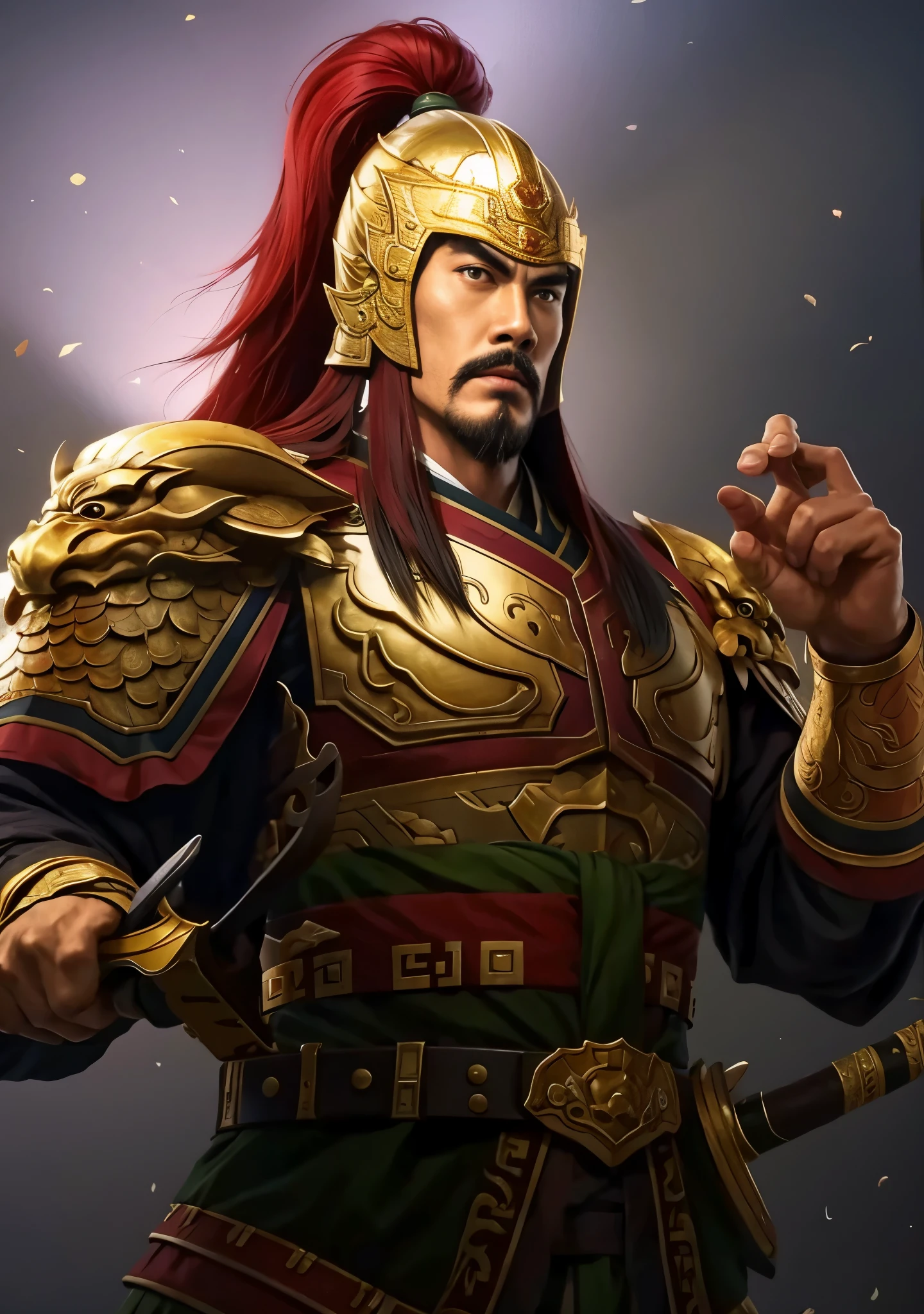 in costume、Close-up of a man holding a sword, Inspired by Li Kan, zhao yun, guan yu, Inspired by Huang Shen, hua cheng, bian lian, inspired by Fan Kuan, Inspired by Guo Chun, Inspired by Wu Bin, feng shu, Inspired by Hu Zaobin, Inspired by Pu Hua, Inspired by Li Cheng, chinese warrior