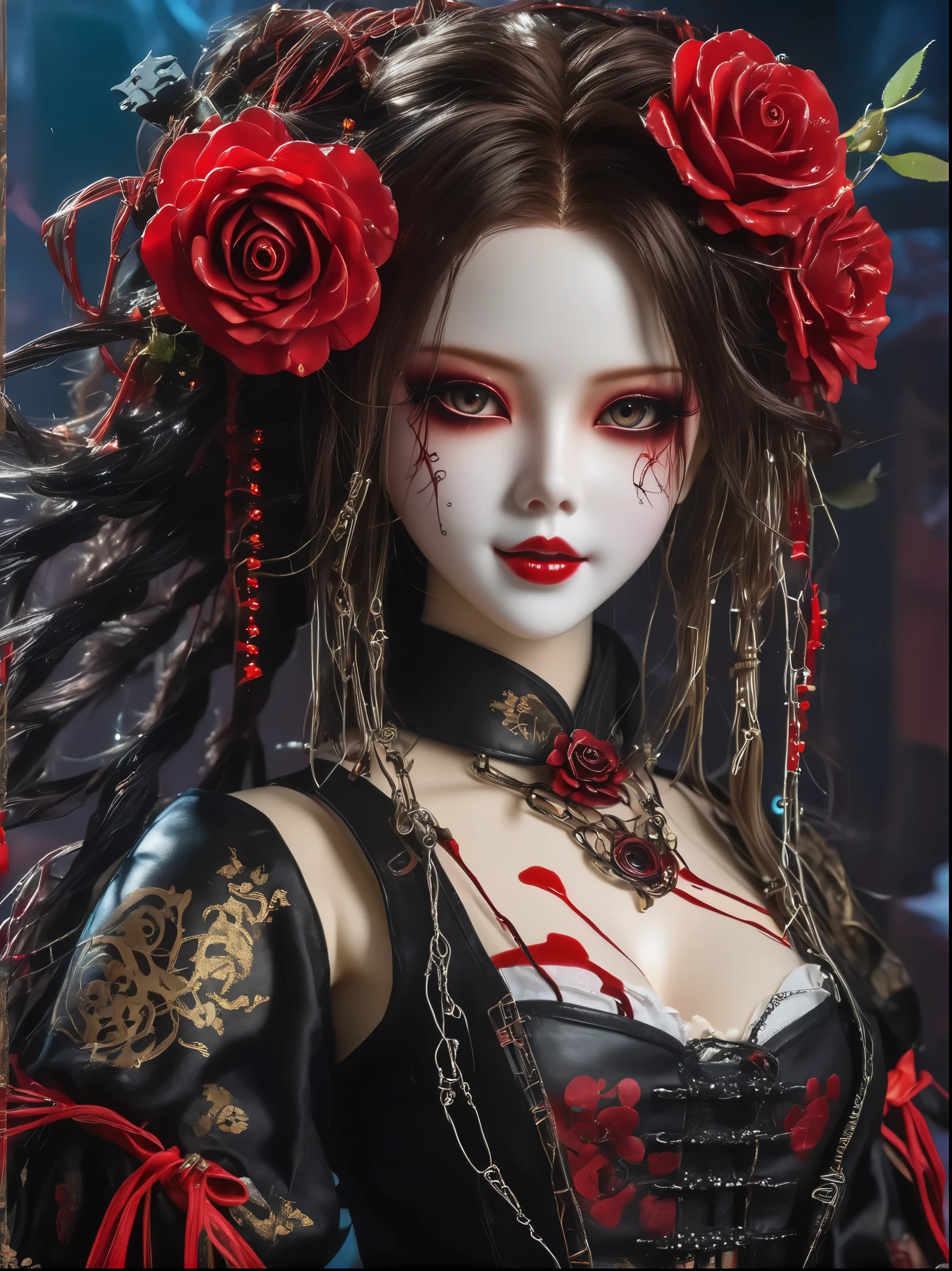 Lifelike,on stage,Possessing human emotions and intelligence,Scary mechanical doll,big eyes,Black eye makeup,Spooky smile,tilted head,Mechanical joints,Fluffy hair,whole body,Damaged leather boots,The arm consists of many connecting wires,Someone is in control,levitate,Air,Metal skin decoration,dirty,Ragged clothes,Rag clothes,Luminescence,Hanfu,Flowers on the head,(Blood splatter),(Wound),((Gothic Rose)),best quality, masterpiece, anatomically correct, textured skin, award winning, best quality, 8k