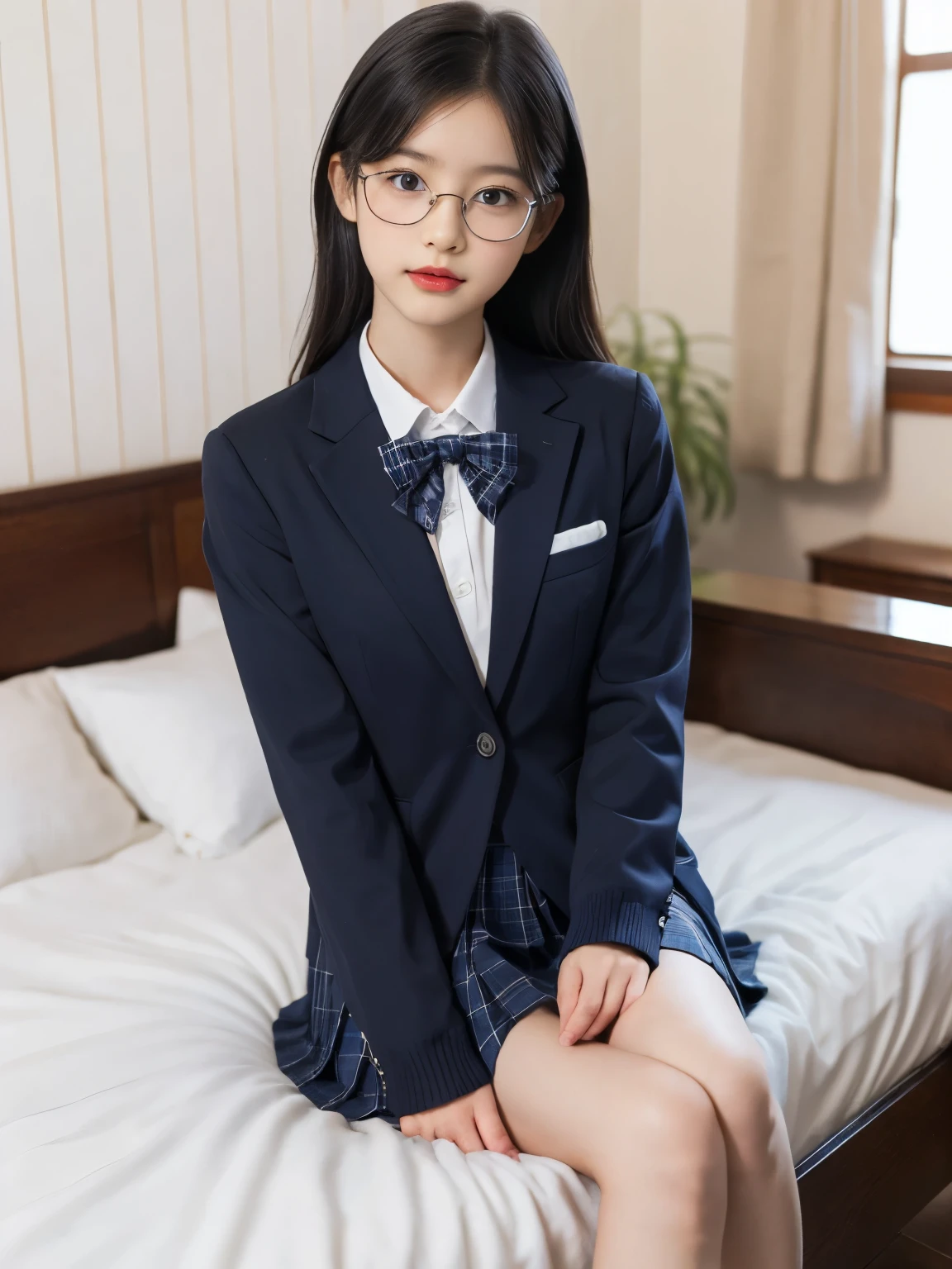 raw photo, 8k, (top-quality), Realistic, (real picture, Intricate details), (natural skin texture, detailed skin, hyper realism, sharpness), (Japanese teenage glasses girl sitting on bed in a old inn), (school uniform, Theme color is dark navy), (Formal jacket dark blue), White shirt, Short pleated skirt is plaid, Socks are white, (pale skin:1.2), slender body, (glasses baby face, Parted lips:1.3, red thick lips), thighs, full body shot