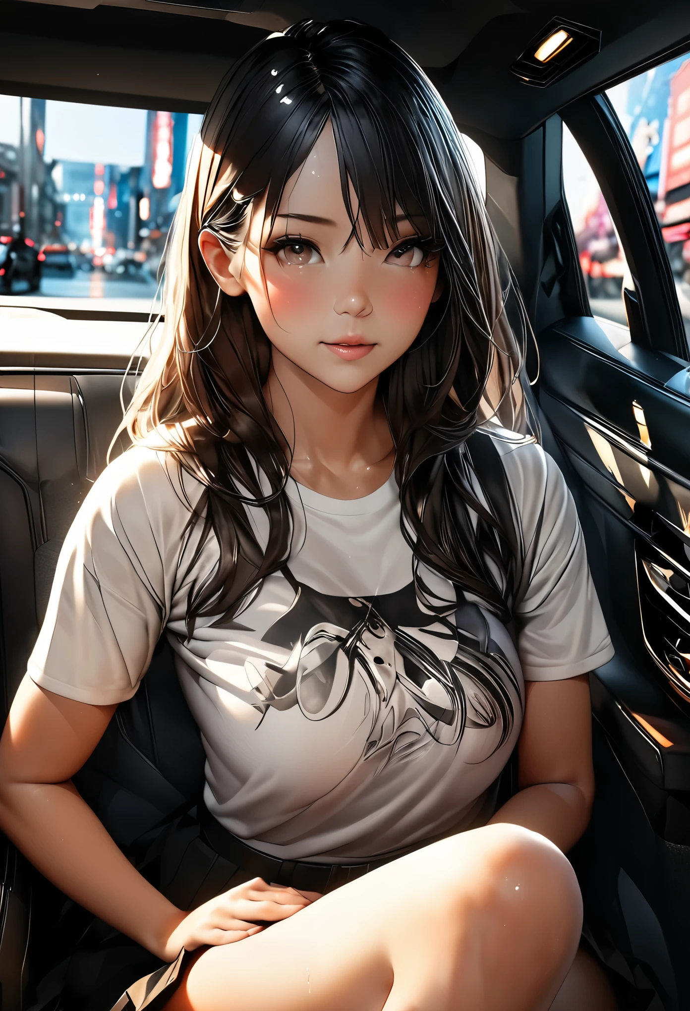 (masterpiece:1.3), (8K、photorealistic, Raw photo, best quality:1.4), Drawing a person using line art、Intricate details、High resolution、Depth Field、Natural light、Professional Lighting, (1 girl), (solo), (cute:1.2)、Very beautiful 18 year old manga girl、 Photorealistic anime girl rendering, Realistic anime 3d style, beautiful silver long hair, crossed bangs, asymmetrical bangs, Put out your ears、eyelash、Red eyes、Charm、(Big natural breast), (perfect anatomy), (hair ribbon, one-piece tan, clothes, detached sleeves, corset, frills, micro panties), ((flered skirt)), (Sophisticated headphones)、glowing skin, (high detail skin: 1.2), (Futuristic luxury car interior、Sitting in a car seat、Lift your legs、Spread your legs:1.3)、(short boots)、(Sexy Girl:1.2)、Red sunset clouds、it&#39;s raining、A decadent and futuristic city area at night、(cyber punk)、(futuristic car、Flashing red light)、Soft Light、Bright colors、