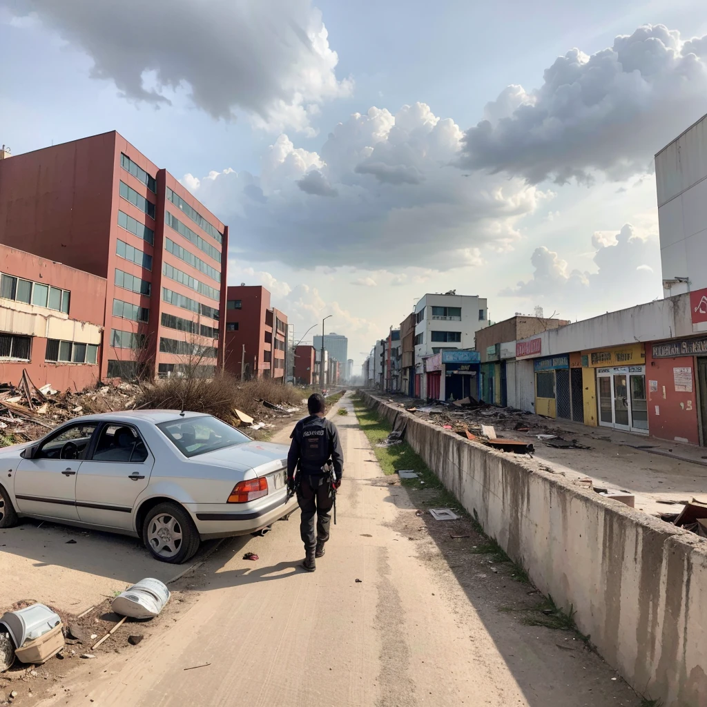 (best quality,highres:1.2),ultra-detailed,realistic,post-apocalyptic wasteland,dystopian future,ruined city,desolate landscape,scattered debris,abandoned buildings,crumbling infrastructure,vivid colors,dreary atmosphere,smoke-filled skies,toxic air,overgrown vegetation,decaying vehicles,war-torn streets,vivid graffiti,flickering streetlights,ominous clouds,lowered sunlight, figures,worn-out clothing,survivors scavenging for resources,rays of hope,contrast between destruction and resilience