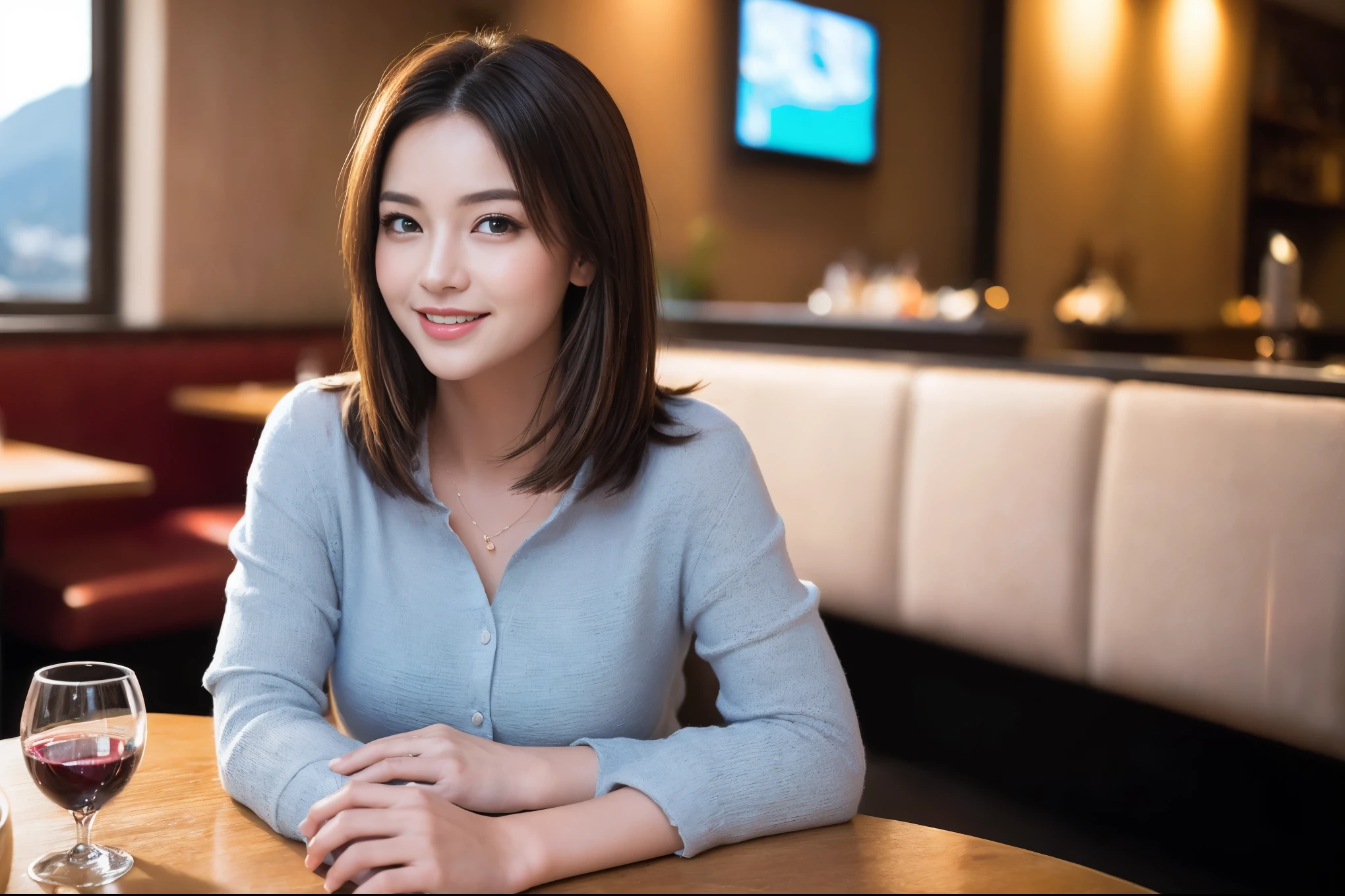 ((highest quality、8k、masterpiece:1.3))、Sharp focus:1.2、Beautiful woman perfect body:1.4、slimなボディ、((Bob Hale、Straight hair:1.2))、(to be born, highest quality, masterpiece:1.5), (Realistic, Intricate details:1.2), Ultra-high resolution, Spectacular view of the sunset sky and clouds、Amazing mountain views、ニコニコ明るいsmile、wine glass、red wine 、Appetizer、Italian food、Wine bottle、Champagne、sparkling wine、, Beautiful Face, blue eyes, The light shines on your face, Blushing, short hair,Bright Face、Fox face、 (36 years old), 39 years old, Lady、Two beauties、brown hair、Shortcuts、Long sleeve shirt、dress、Pretty Woman 1, (slimな顔), (The body is slim), (brown hair), (Shortcuts), cheeks turn a little red,Attractive beauty、, Out of the window, A beautiful and detailed night view unfolds.........., restaurant, In a prominent place (From the waist up) Nova Frog Style, actress, model, Upper Body, White wine, slim, wine glass, 真ん中に置かれたwine glass, smile, (smile: 1.15), Beautiful fine grain, Depth f/2,saturation, High Contrast, Strong light and shadow,Moist Body:1.5、3D texture、Delicate eyes、brown hair、The hair is very shiny、