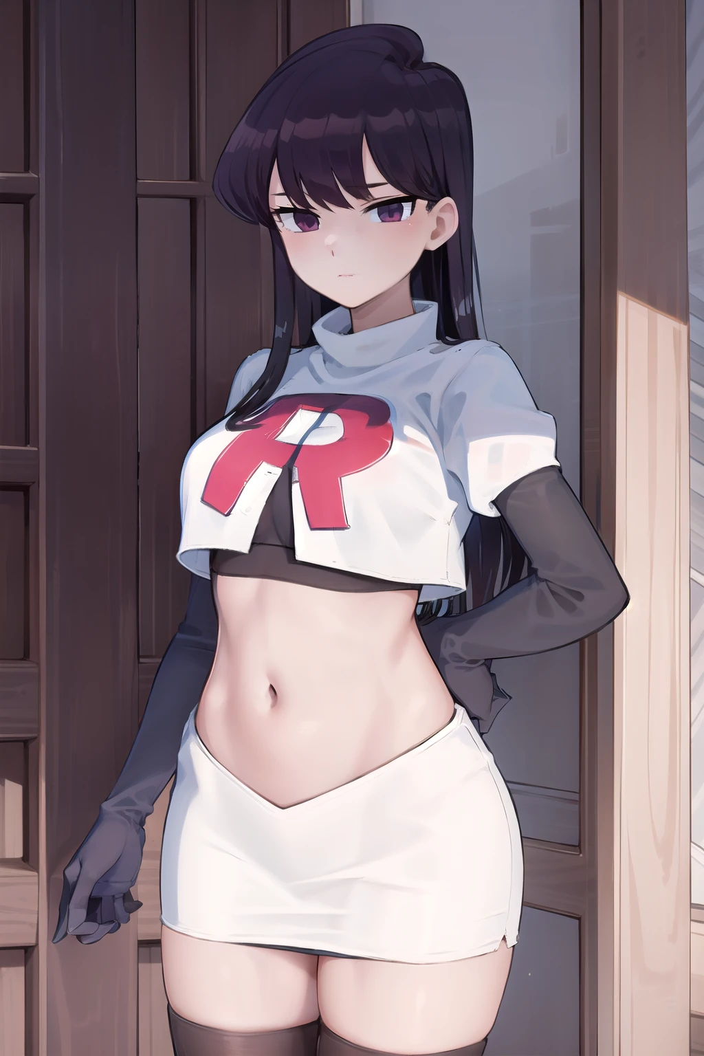 masterpiece, best quality, 1girl, solo, komi-san wa komyushou desu, looking at viewer, team rocket,team rocket uniform,white skirt,red letter R,crop top,black thigh-highs, cowboy shot