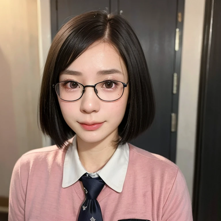 (kawaii 24year-old Japanese girl, Nogizaka idol, Korean idol), (glossy black hair, very short hair, pixie cut:1.3), (rounded face, black eyes, single eyelid, no makeup, soft smiling:1.2), (wearing glasses, highschool uniforms, silky white collared shirt, necktie:1.3), (flat chest, extra small breasts:0.8), (looking at viewer:1.2), BREAK, (sunny day outside background:1.3), (view from forward, portrait, close shot:1.3), BREAK, (masterpiece, best quality, photo realistic, official art:1.4), (UHD, 8K quality wallpaper, high resolution, raw photo, golden ratio:1.2), (shiny skin), professional lighting, physically based rendering, award winning, (perfect anatomy, highly detailed skin, extremely detailed face and eyes), Carl Zeiss 85 mm F/1.4, depth of field, 1girl, solo,
