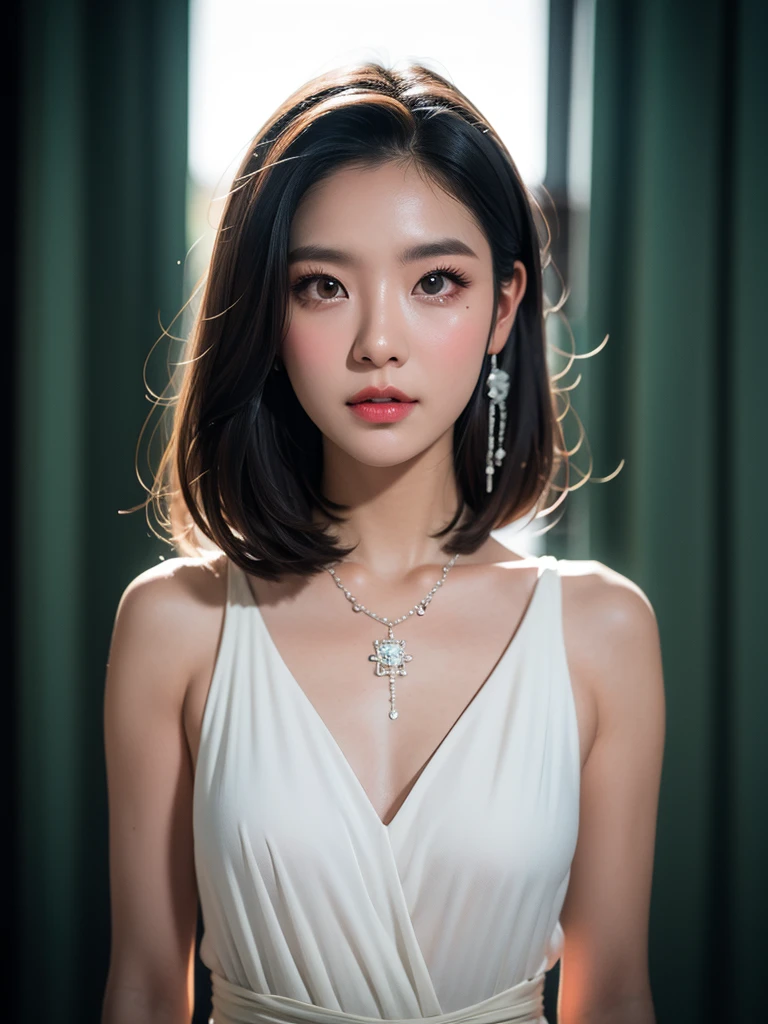 best quality, masterpiece, high resolution, 1 girl, transparent dress, hair accessories, necklace, jewelry, pretty face, Physically, Tyndall effect, actual, dark studio, edge lighting, Two-tone lighting, (High detail skin: 1.2), 8k ultra high definition, SLR camera, soft light, high quality, Volumetric light, frank, photo, high resolution, 4K, 8k, background blur,