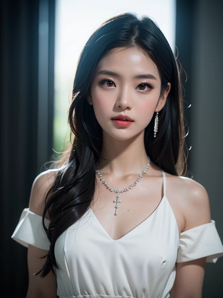 best quality, masterpiece, high resolution, 1 girl, transparent dress, hair accessories, necklace, jewelry, pretty face, Physically, Tyndall effect, actual, dark studio, edge lighting, Two-tone lighting, (High detail skin: 1.2), 8k ultra high definition, SLR camera, soft light, high quality, Volumetric light, frank, photo, high resolution, 4K, 8k, background blur,