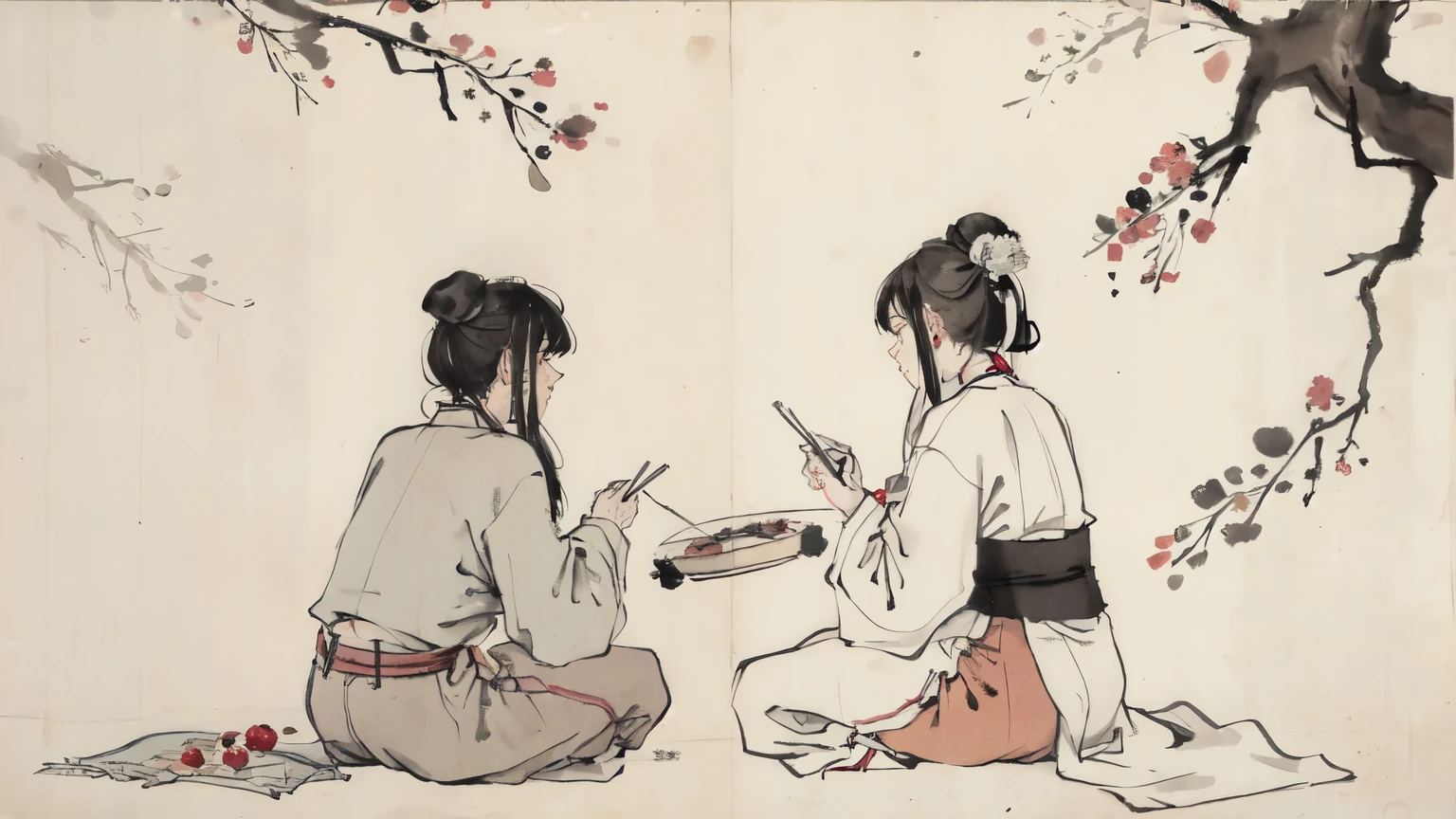 (masterpiece, best quality: 1.2), Traditional Chinese ink painting, One person gives food to another person sitting down