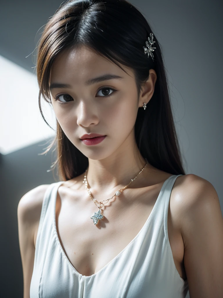 best quality, masterpiece, high resolution, 1 girl, transparent dress, hair accessories, necklace, jewelry, pretty face, Physically, Tyndall effect, actual, dark studio, edge lighting, Two-tone lighting, (High detail skin: 1.2), 8k ultra high definition, SLR camera, soft light, high quality, Volumetric light, frank, photo, high resolution, 4K, 8k, background blur,