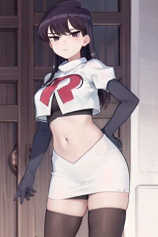 masterpiece, best quality, 1girl, solo, komi-san wa komyushou desu, looking at viewer, team rocket,team rocket uniform,white skirt,red letter R,crop top,black thigh-highs, cowboy shot