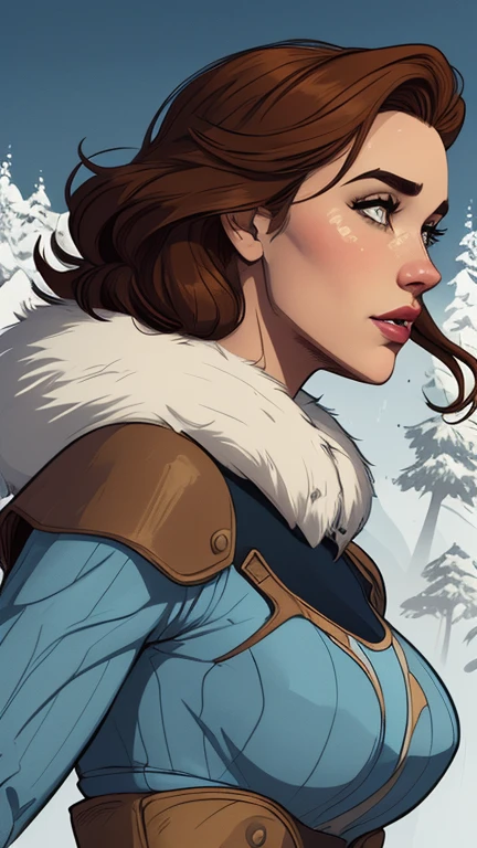 Personagem mulher estilo atompunk Fallout 4 Jennifer Connelly le com marcas de guerras Imagem de desenho animado de uma mulher .Ilustra??o estilo desenho animado, estilo de arte dos desenhos animados, estilo de arte dos desenhos animados, digital illustration style, estilo atompunk design de personagens altamente detalhado, arte digital detalhada coragem, Forest fan art, Design de personagens de retrato, beautiful digital illustration, retrato de alta qualidade, Arte em quadrinhos, mulher jovem cabelo com transas lindas . Queen Anna of ArendelleBeautiful lined eyes Medium large bust and wonderful sexy clothes. image expression of sexual desire from waist to head illustration Queen Anne of Arendelle atompunk style Fallout 4 The perspective is in profile, emphasizing the majesty and power of the Giant."