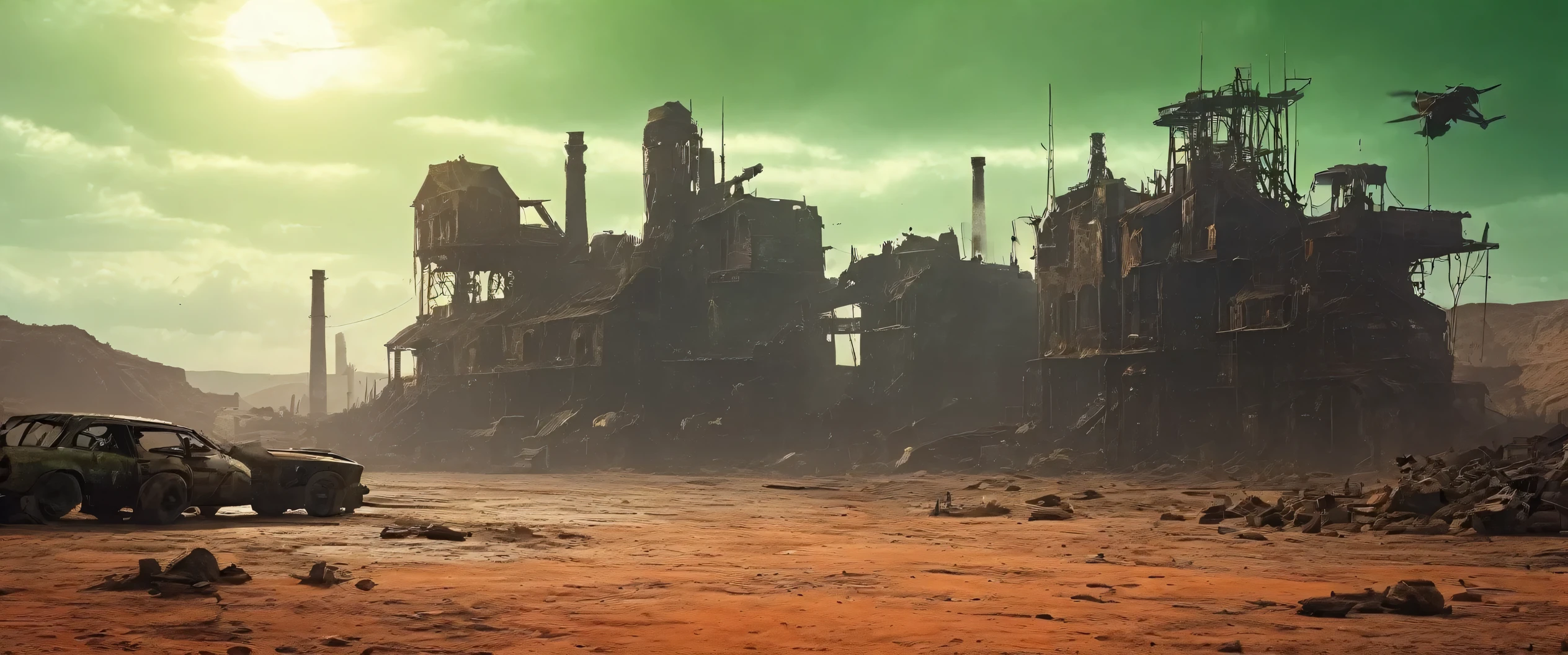 Post-apocalyptic wasteland:1.7, ((night, Dark: 1.6)), The backdrop of this masterpiece, Mad Max industrial style artifacts, epic.., showing a destructive scene, abandoned fabricated, broken walls , rubble, barrels with fire inside, darkness, it is night, desolation, wind flying earth, showing a destructive apocalyptic scene, sand, Best possible quality, 8K Ultra resolution, Stunning illustration, the best of all, Awarded, how to be the best , ((red, brown, green, white colors: 1.5)), epic desert setting: 1.5, photorealistic: 1.4, skin texture: 1.4, super masterpiece, super detailed, hyper detailed, 32K