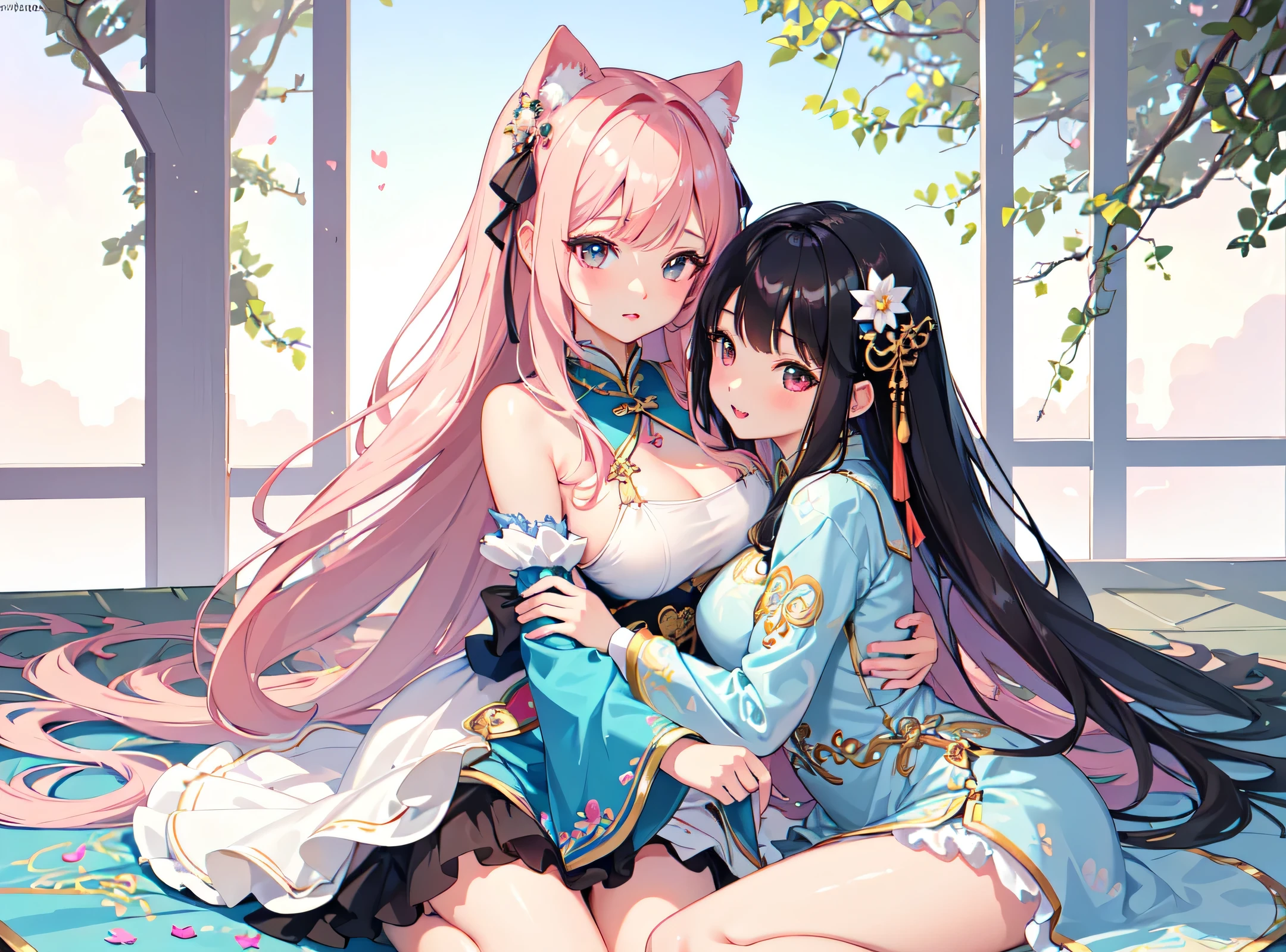 A woman and a girl, both busty, ambas son elegant china idol.