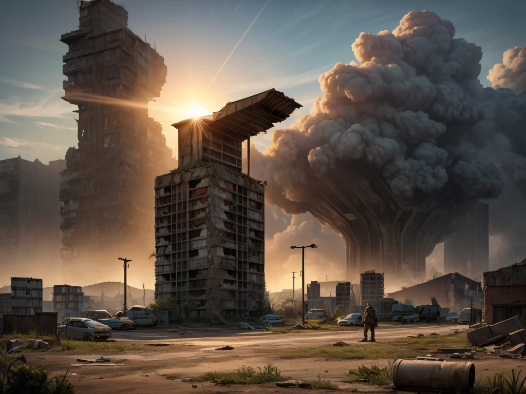 (best quality, highres, ultra-detailed, realistic:1.37), post-apocalyptic wasteland, crumbling buildings, jagged mountains, toxic smog, barren landscapes, decaying vehicles, desolate streets, abandoned belongings, eerie silence, ominous clouds, rusted metal, dilapidated houses, overgrown vegetation, remnants of civilization, crows circling above, haunting atmosphere, dust-filled air, muted colors, scarce resources, survivors in tattered clothing, worn-out gas masks, scavenging for food and supplies, a sense of survival, deserted cities, ruins of a once thriving world, the sun obscured by pollution, a lone figure facing the bleak future, a glimmer of hope amidst the devastation, signs of nature reclaiming its territory, a reminder of humanity's impact on the planet.
