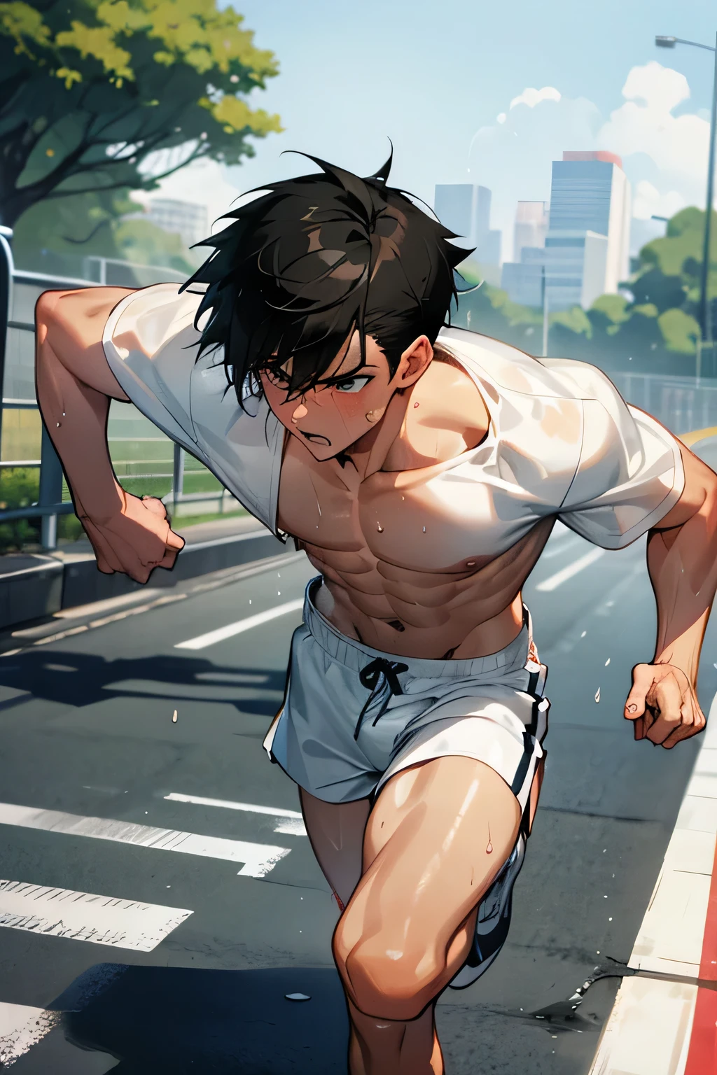 shirtless handsome manly short black hair caucasian male in white shorts, running shoes, sweat-drenched, soaking wet, drenched with sweat, sweating profusely, soaking wet with sweat, shirtless, running in the highway 