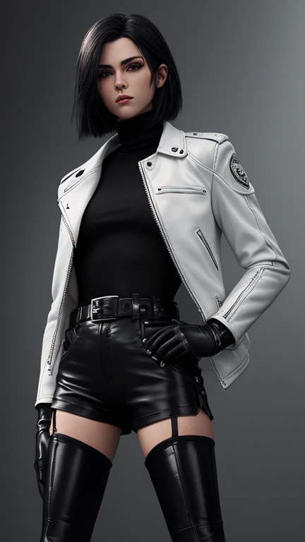 Final Fantasy-style graphics, young, Cute and cool Japanese boys and girls, Both have thin eyebrows and large eyes,  Both are wearing shiny white single-breasted leather jackets.。..。Biker style leather jacket、 with epaulettes,  The jacket is zipped up, The jacket pockets are black., The jacket has a high stand-up collar with a belt,They are both wearing black turtlenecks.., The man is wearing black leather pants、The girl is wearing black leather shorts and black pantyhose., Both of them are wearing thin black leather gloves.., The man was wearing long black leather lace-up boots.,、The girl is wearing black leather knee-high boots.、 Please show me your whole body, From head to toe., Final Fantasy Style、((Handsome))、((Beauty))、((Clear eyes and nose))、((Shiny white single leather jacket))、((The jacket must be white))((The jacket has epaulettes))、((The jacket has a high stand-up collar and a belt.))、((The jacket has a black pocket))、((Black turtleneck shirt))、((Man in shiny black leather pants))、((She&#39;s wearing shiny black leather shorts))、((Shiny black leather gloves on both handen&#39;s black lace-up leather long boots))、((The woman is wearing knee-high leather boots))、((View the whole body image from a distance))、Realistic image quality and texture、In a small cell、close your eyes、Has a gentle smile、((The jacket is closed with a zipper))、((No exposed skin below the neck))、((Standing side by side))、