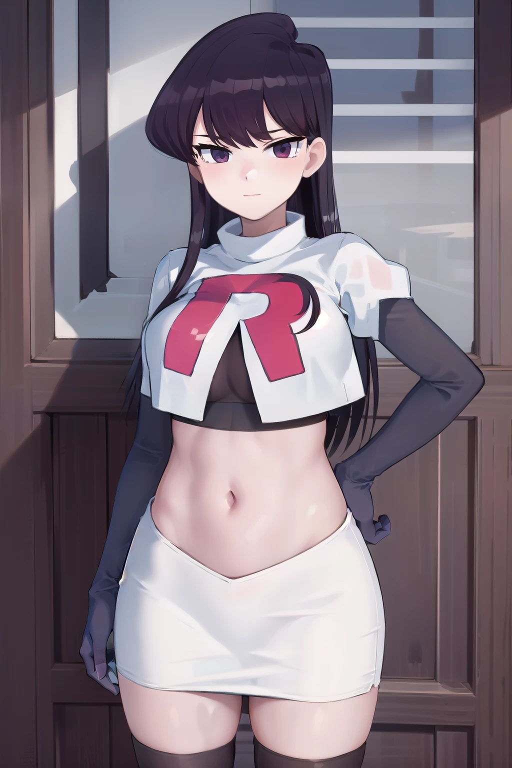 masterpiece, best quality, 1girl, solo, komi-san wa komyushou desu, looking at viewer, team rocket,team rocket uniform,white skirt,red letter R,crop top,black thigh-highs, cowboy shot