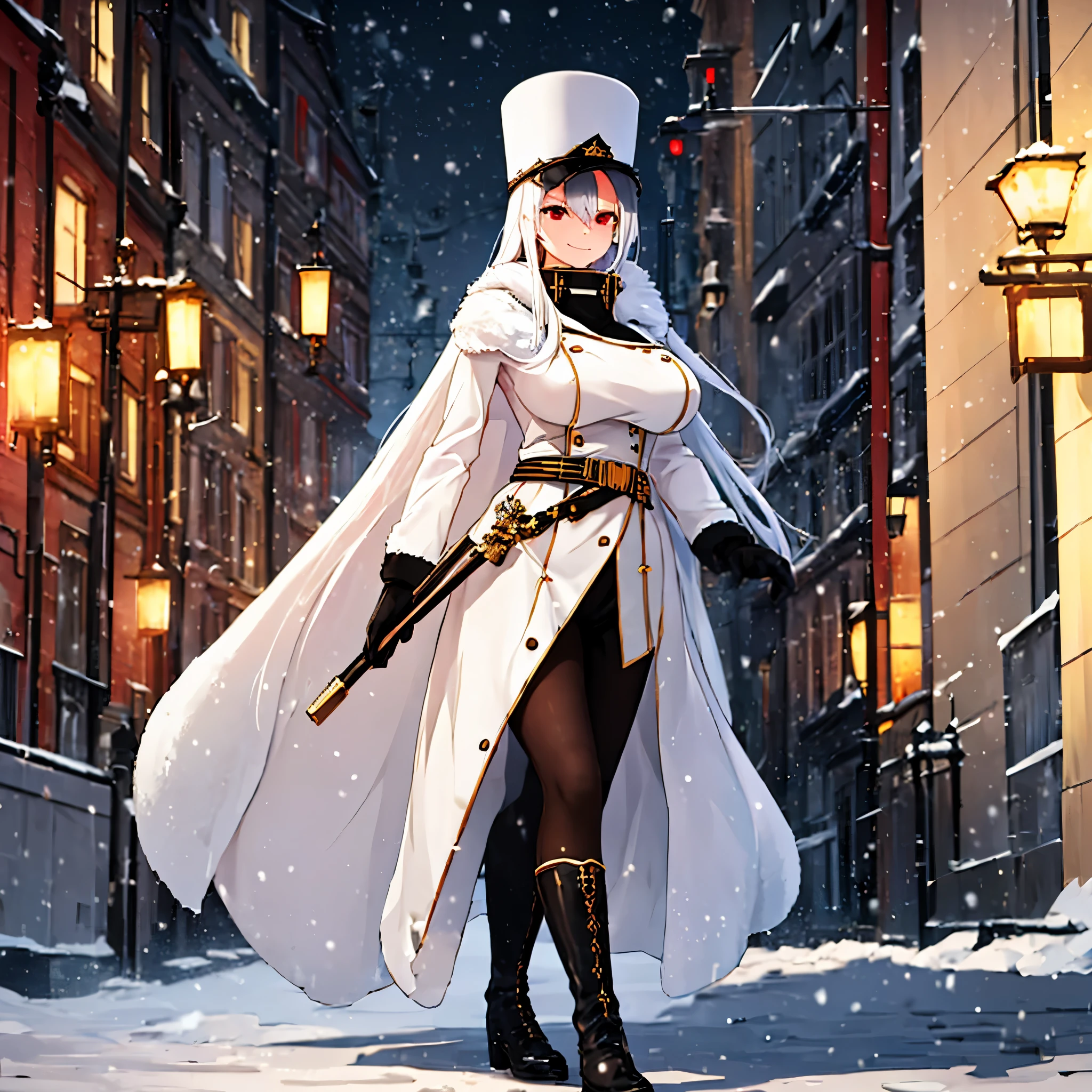 A woman wearing long white military dress with gold details, wearing a long white fur coat, imperial Russian military hat, long white hair, black boots, smiling, big breasts, red eyes, walking on a city promenade in snowy weather , orange lighting, at night,HDR, ultra resolution, well defined, masterpiece, 8K HD (woman solo )