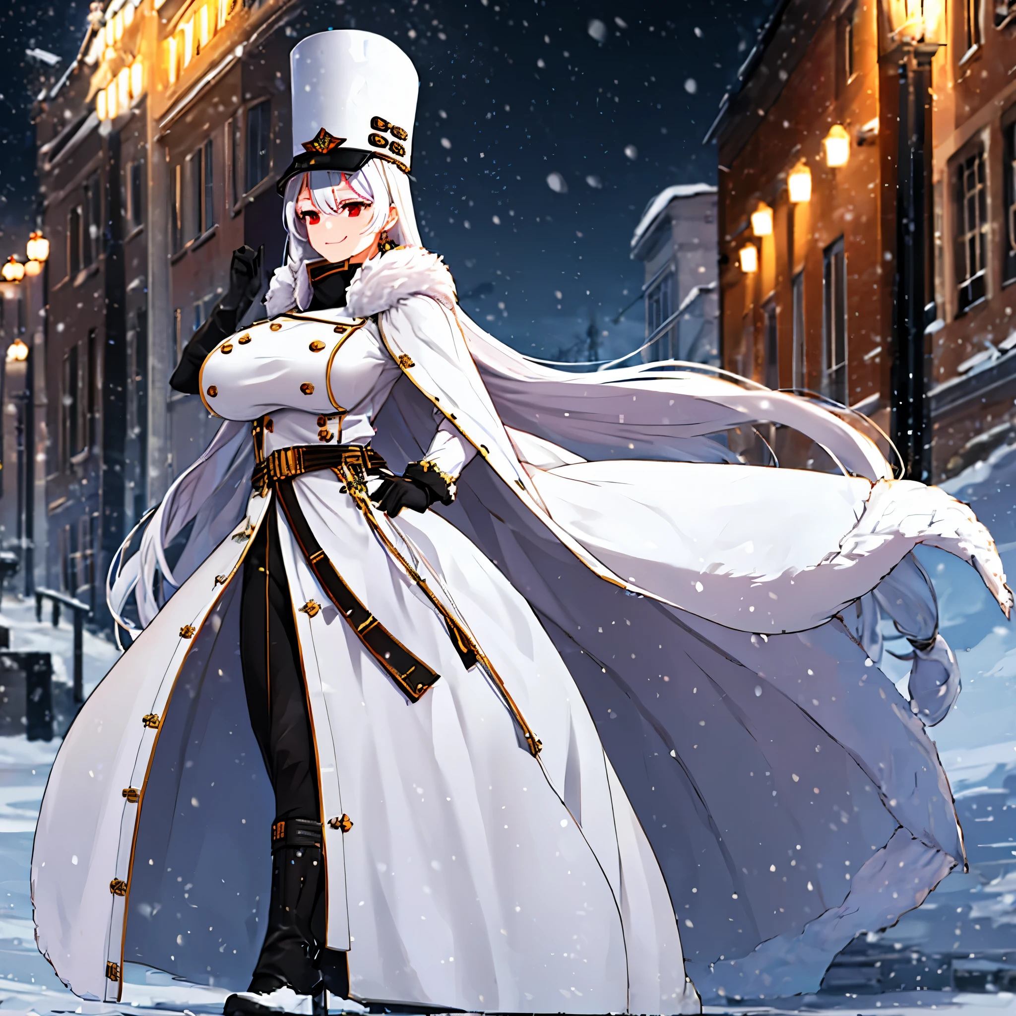 A woman wearing long white military dress with gold details, wearing a long white fur coat, imperial Russian military hat, long white hair, black boots, smiling, big breasts, red eyes, walking on a city promenade in snowy weather , orange lighting, at night,HDR, ultra resolution, well defined, masterpiece, 8K HD (woman solo )