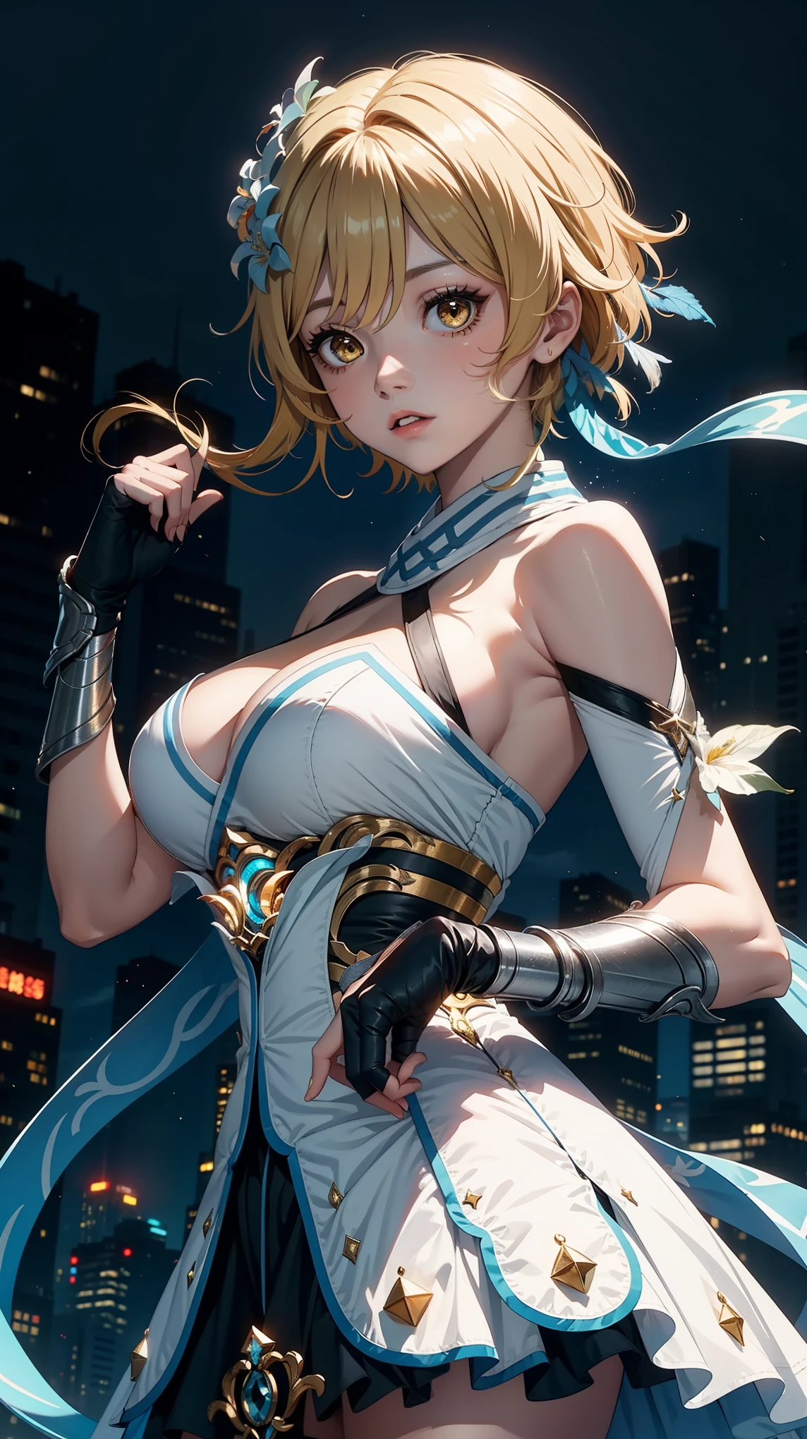 Masterpiece, ultra detail, high quality, 8k, luminedef, night, bright eyes, detail face, dynamic poses, looking at viewer, huge breast, night city view, standing, upper body,