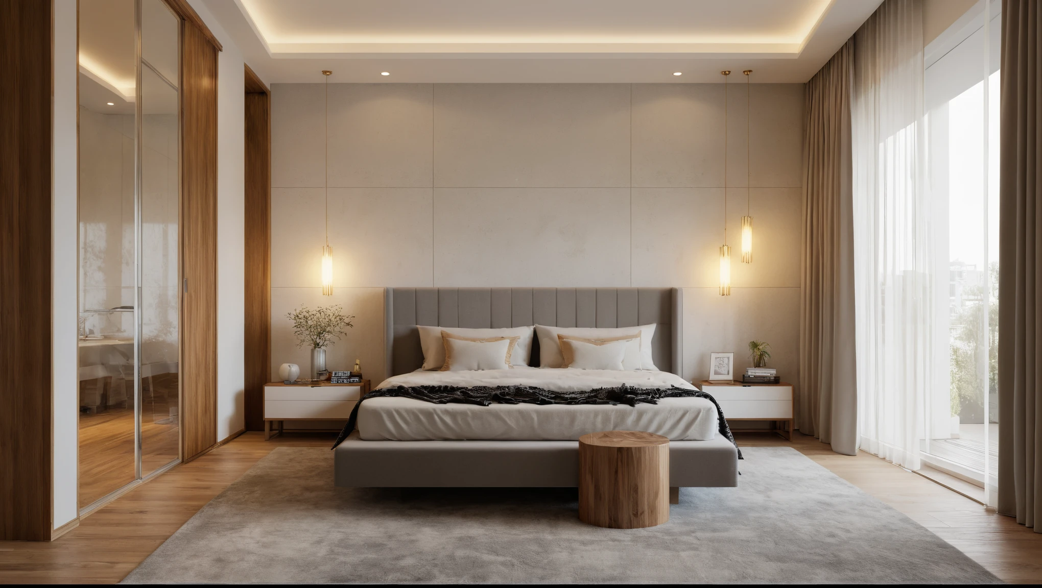 Bed room, interior design space, bed, pillow, blanket, window, curtain light, lamp led tab bed, wardore, (An Cuong Wooden Furniture modern Style), (An Cuong wood furniture with MDF surface glued with melamine coating), (white wall), (architectural visualization style:1.2), (interior lighting design), (focus on object), hidden light, (material normal bump real reflection), (scattered light) ((((volumetric light))) (multi-beam light) (sunbeam) (multi-level reflection), ((wardore (grossy wooden floor), warm led light, 4000k, led spotlight, (corona software visualization render:1.2), (interior material design), (interior lighting design), (Ceiling design for modern interiors), (midday, bright sun light, neutral color, neutral light), {Best Quality|Masterpiece|best illustration|Photorealism archdaily|award winning design|photorealistic|extreme detail|Stunning|photographic render|High-fidelity|vray render|Eye-catching|Sharp edge render}, (wooden cabinet with aluminum frame and glass), (exact original material), (soft lighting design), ((dark space colors, luxurious style spread in modern interior lighting)), (plaster ceiling covered with white plaster)