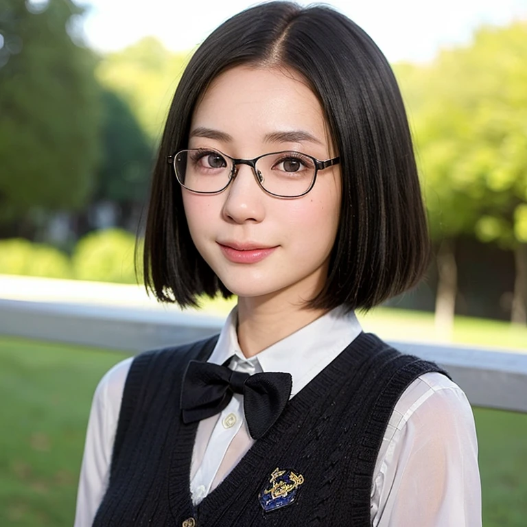 (kawaii 24year-old Japanese girl, Nogizaka idol, Korean idol), (glossy black hair, very short hair, pixie cut:1.3), (rounded face, black eyes, single eyelid, no makeup, soft smiling:1.2), (wearing glasses, highschool uniforms, earth colored knitted vest, silky white collared shirt, bow tie:1.3), (flat chest, extra small breasts:0.8), (looking at viewer:1.2), BREAK, (sunny day outside background:1.3), (view from forward, portrait, close shot:1.3), BREAK, (masterpiece, best quality, photo realistic, official art:1.4), (UHD, 8K quality wallpaper, high resolution, raw photo, golden ratio:1.2), (shiny skin), professional lighting, physically based rendering, award winning, (perfect anatomy, highly detailed skin, extremely detailed face and eyes), Carl Zeiss 85 mm F/1.4, depth of field, 1girl, solo,