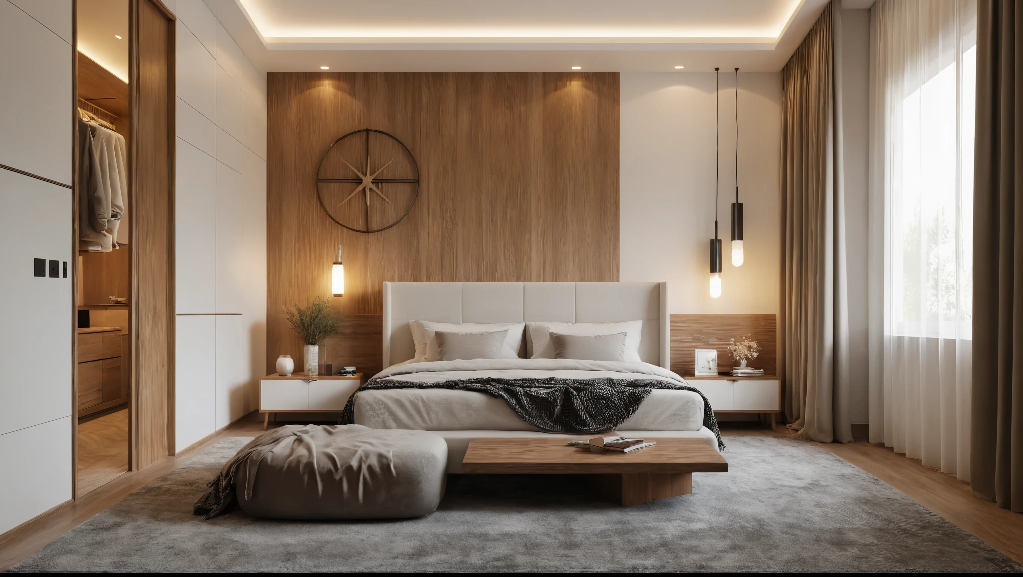 Bed room, interior design space, bed, pillow, blanket, window, curtain light, lamp led tab bed, wardore, (An Cuong Wooden Furniture modern Style), (An Cuong wood furniture with MDF surface glued with melamine coating), (white wall), (architectural visualization style:1.2), (interior lighting design), (focus on object), hidden light, (material normal bump real reflection), (scattered light) ((((volumetric light))) (multi-beam light) (sunbeam) (multi-level reflection), ((wardore (grossy wooden floor), warm led light, 4000k, led spotlight, (corona software visualization render:1.2), (interior material design), (interior lighting design), (Ceiling design for modern interiors), (midday, bright sun light, neutral color, neutral light), {Best Quality|Masterpiece|best illustration|Photorealism archdaily|award winning design|photorealistic|extreme detail|Stunning|photographic render|High-fidelity|vray render|Eye-catching|Sharp edge render},  (wooden cabinet with aluminum frame and glass), (exact original material), (soft lighting design), ((dark space colors, luxurious style spread in modern interior lighting)), (plaster ceiling covered with white plaster)